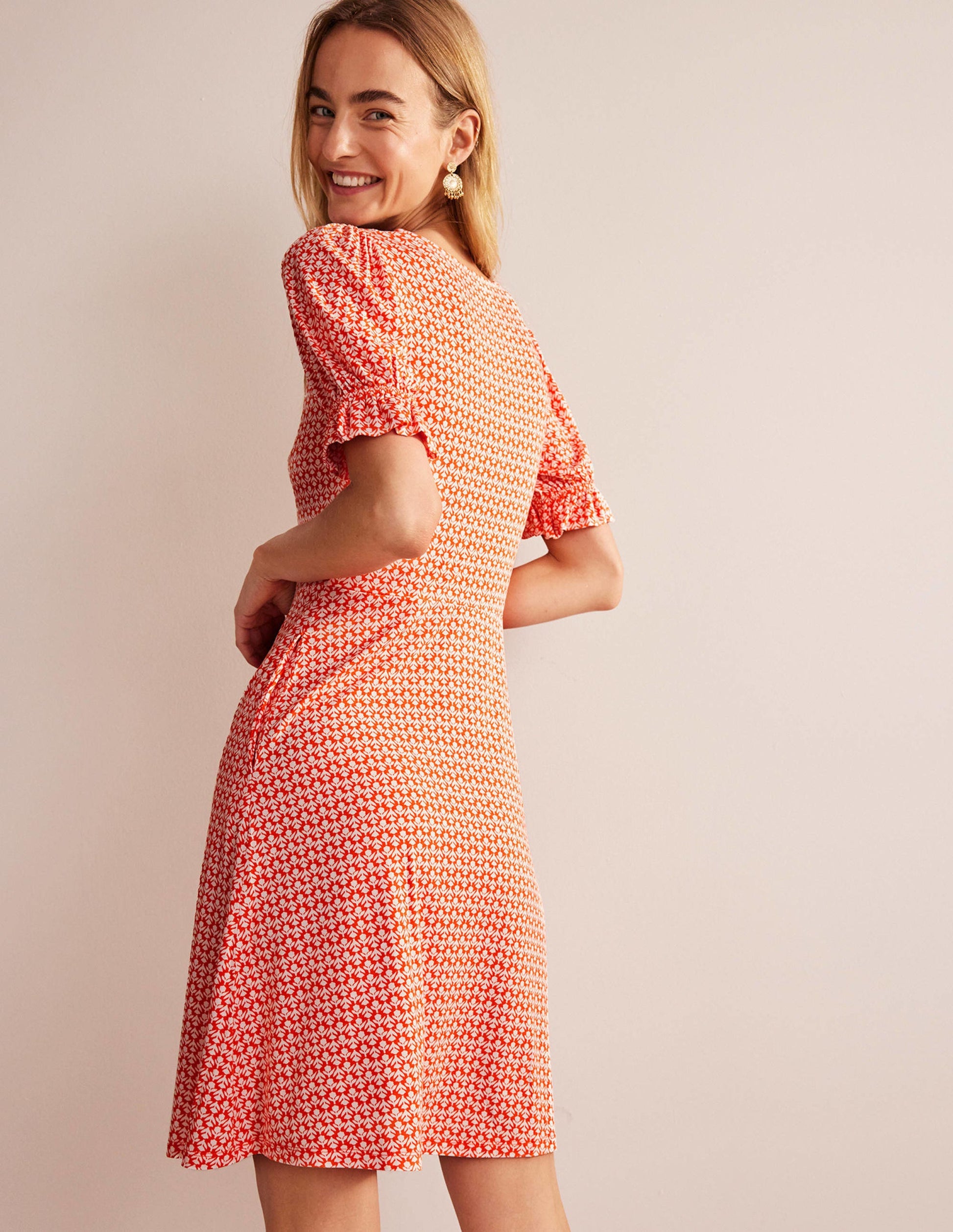 Puff Sleeve Jersey Mini Dress-Vermillion, Tulip Pop-3