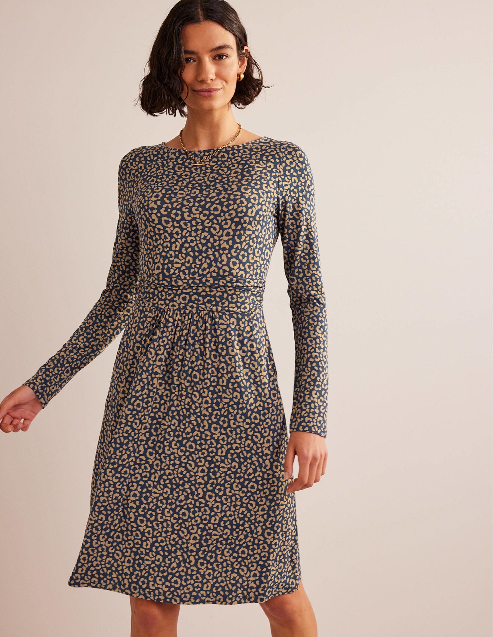 Abigail Jersey Dress-Camel, Animal Stamp-1