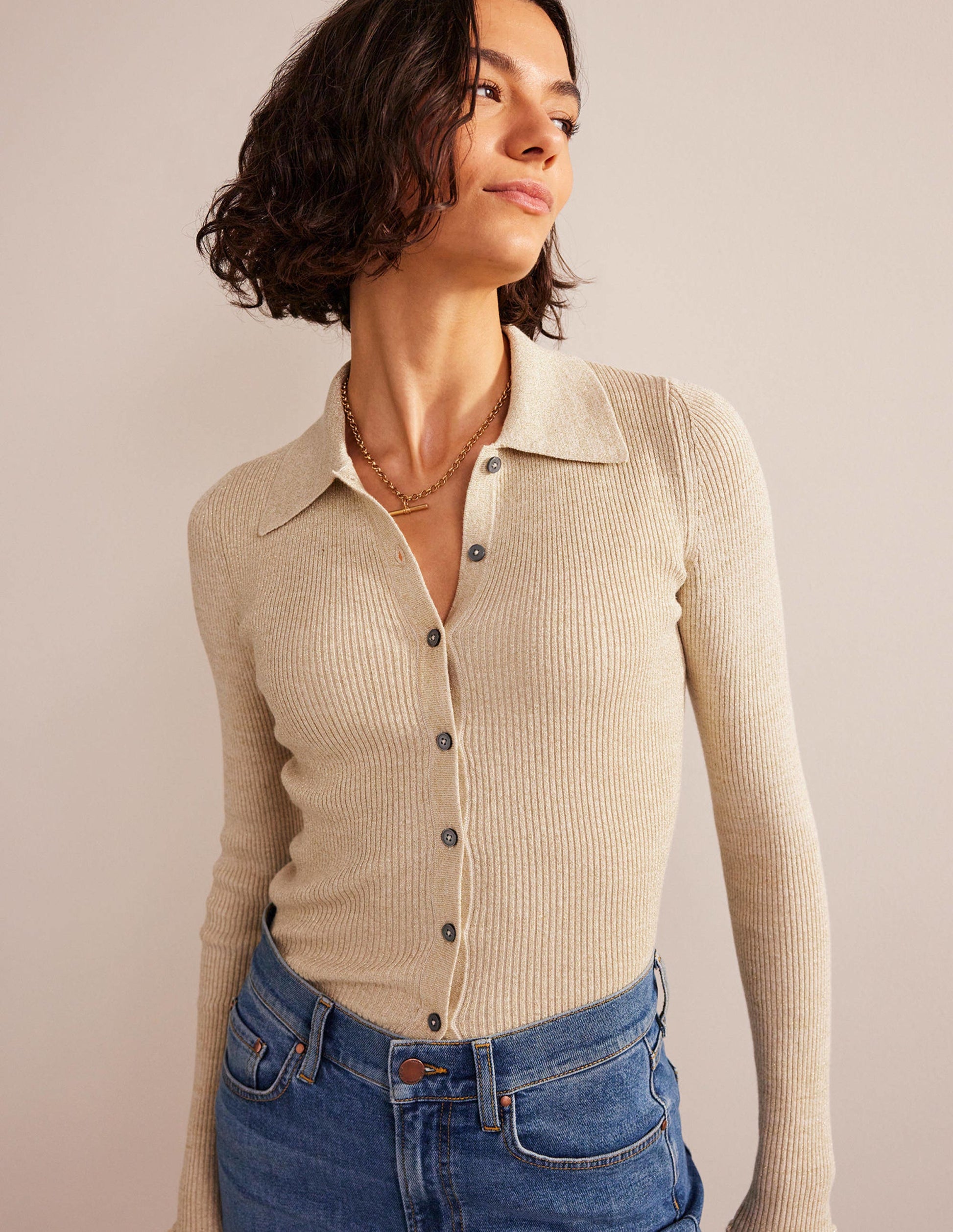 Ribbed-Knit Fitted Shirt-Oatmeal, Gold Sparkle-1