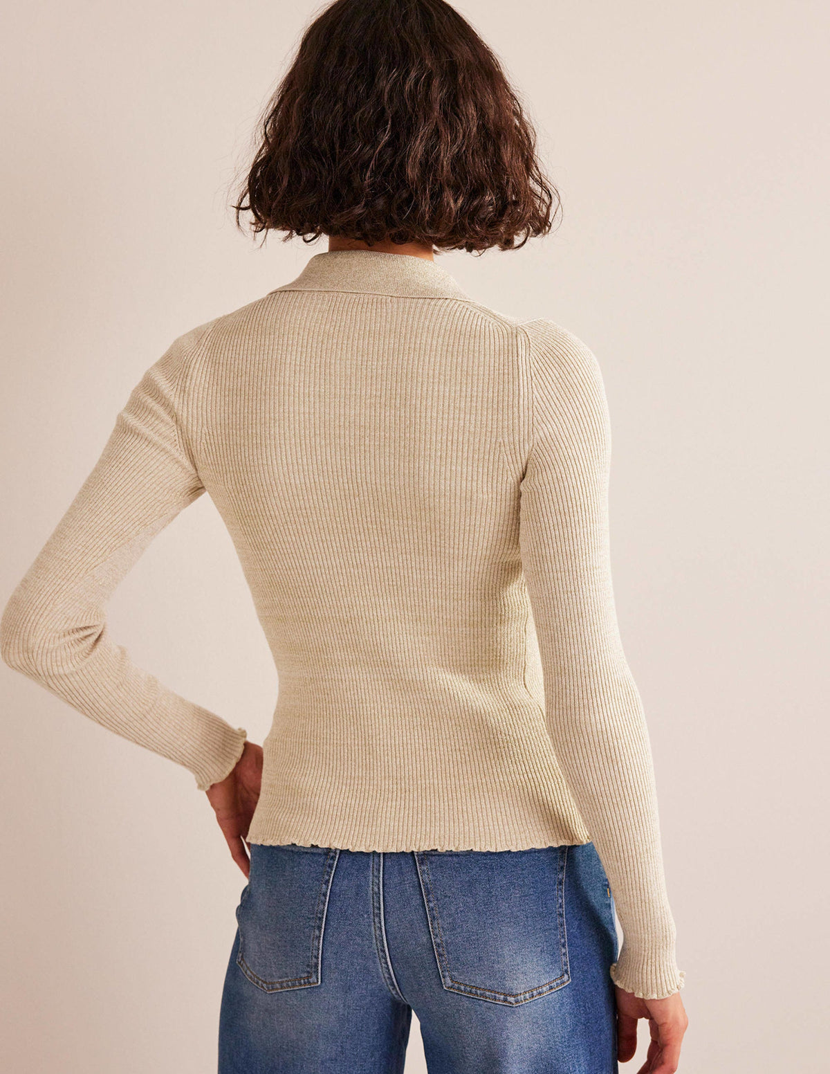 Ribbed-Knit Fitted Shirt-Oatmeal, Gold Sparkle-3