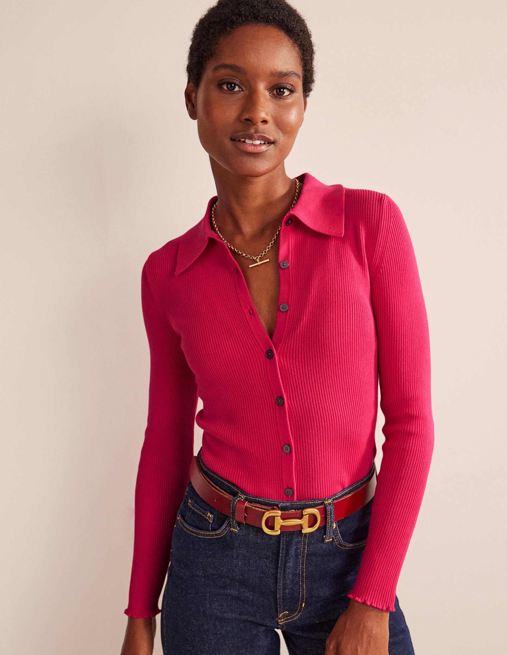 Ribbed-Knit Fitted Shirt-Virtual Pink-1