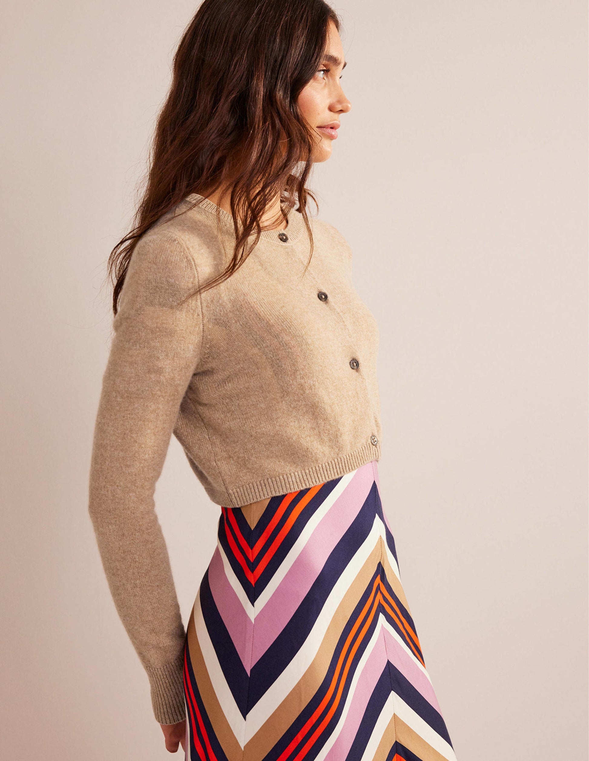Cropped Cashmere Cardigan-Camel Melange-1