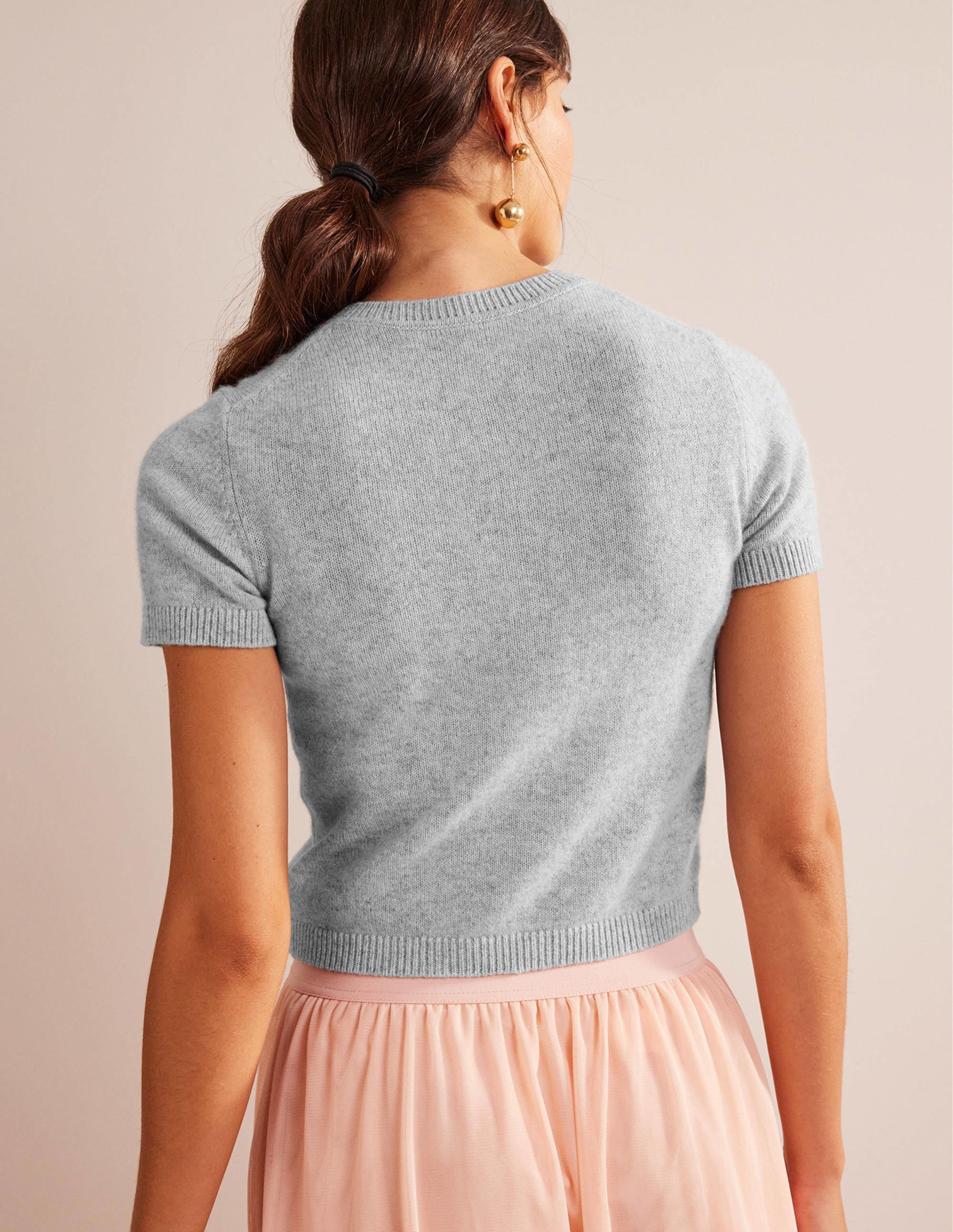 Cropped Cashmere T-Shirt-Pale Grey Melange - Image 3