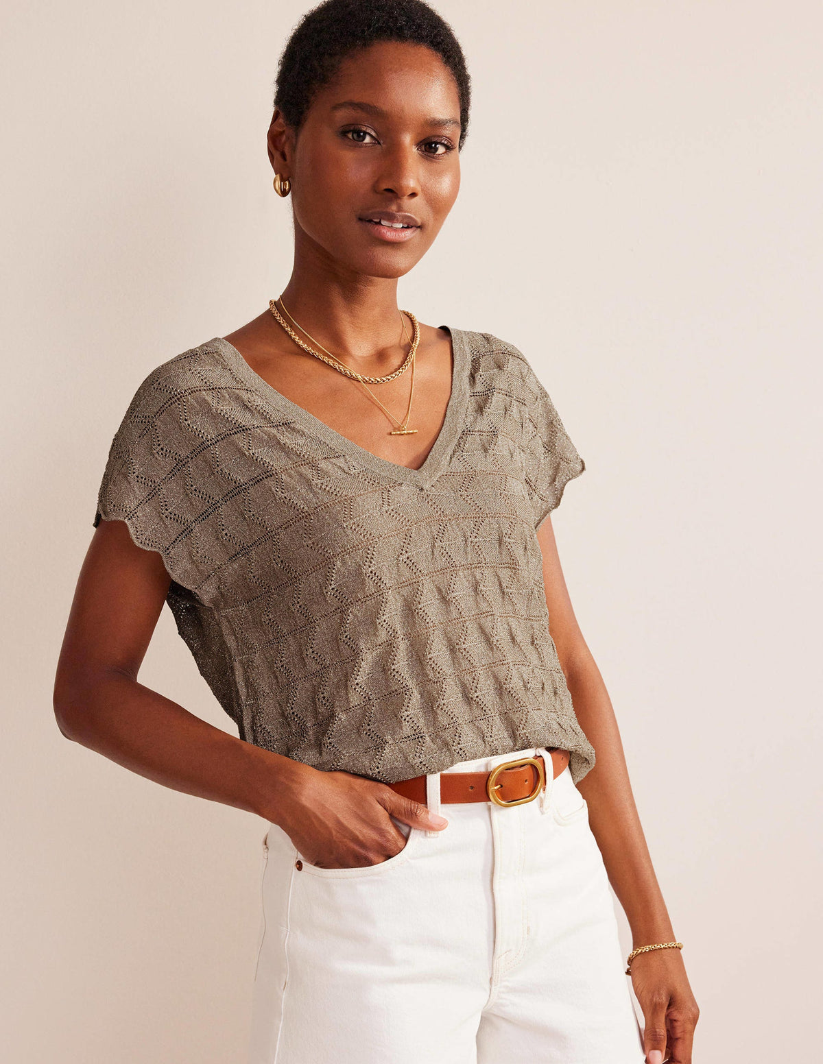 V-Neck Knitted Beach Top-Metallic Stone - Image 1