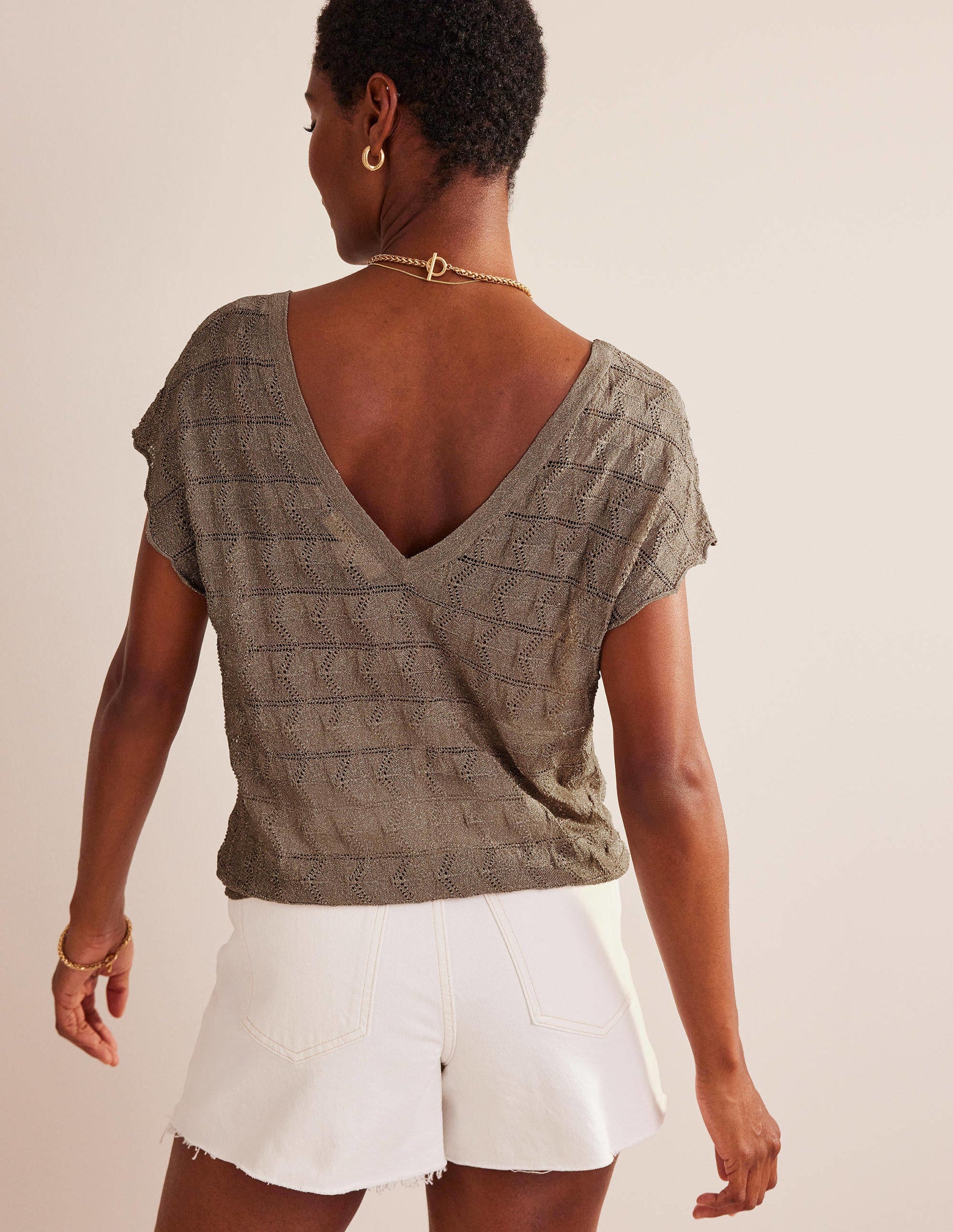 V-Neck Knitted Beach Top-Metallic Stone-3