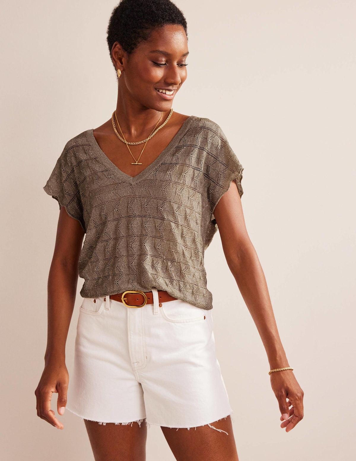 V-Neck Knitted Beach Top-Metallic Stone-4