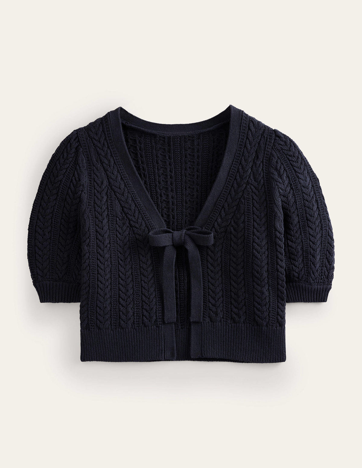 Bow-Trim Cropped Cardigan-Navy - Image 5