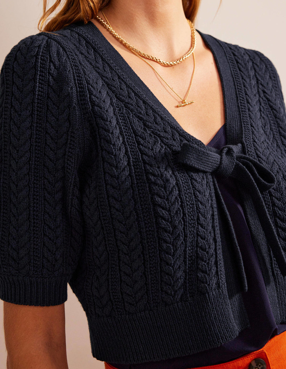 Bow-Trim Cropped Cardigan-Navy-2