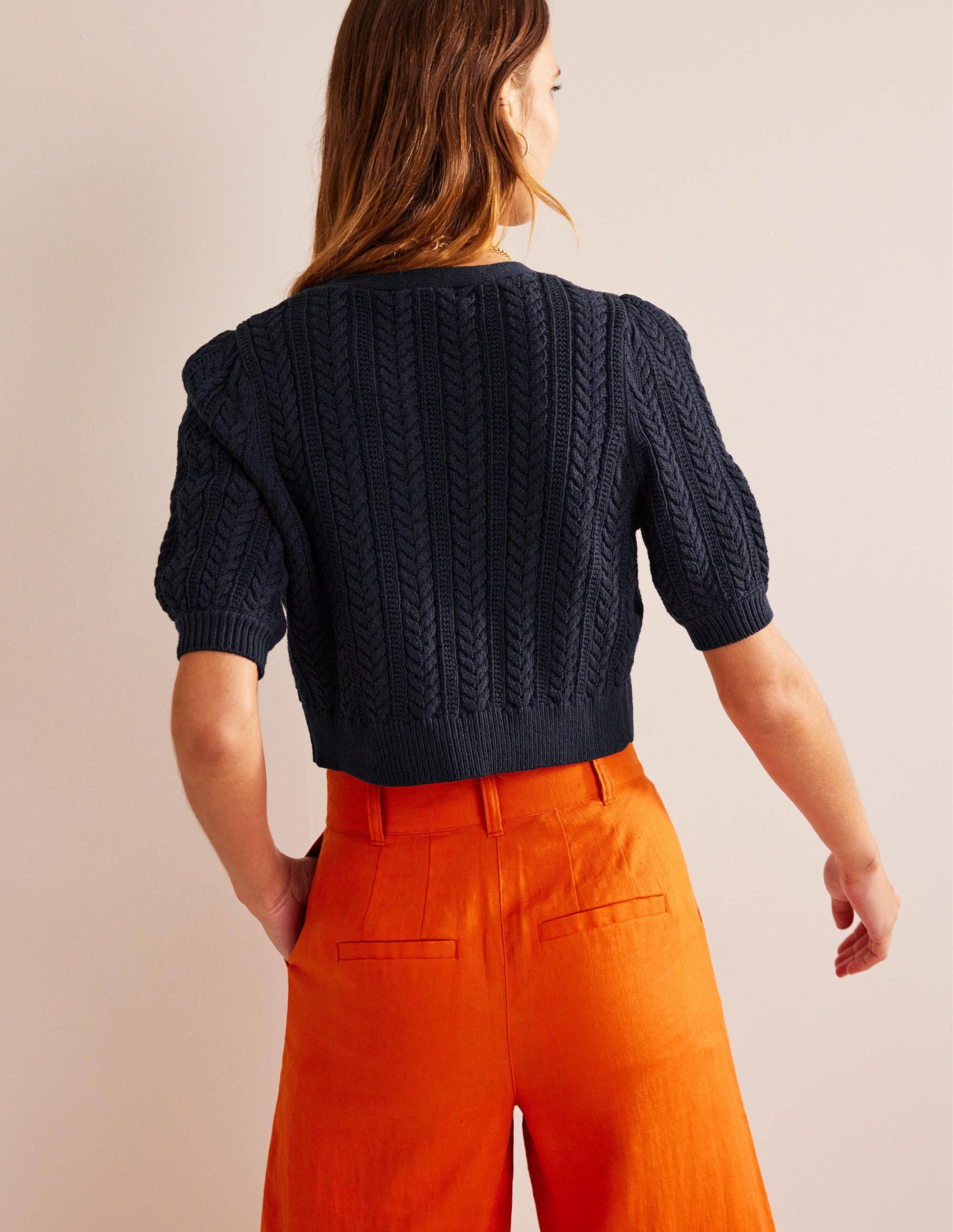 Bow-Trim Cropped Cardigan-Navy - Image 3