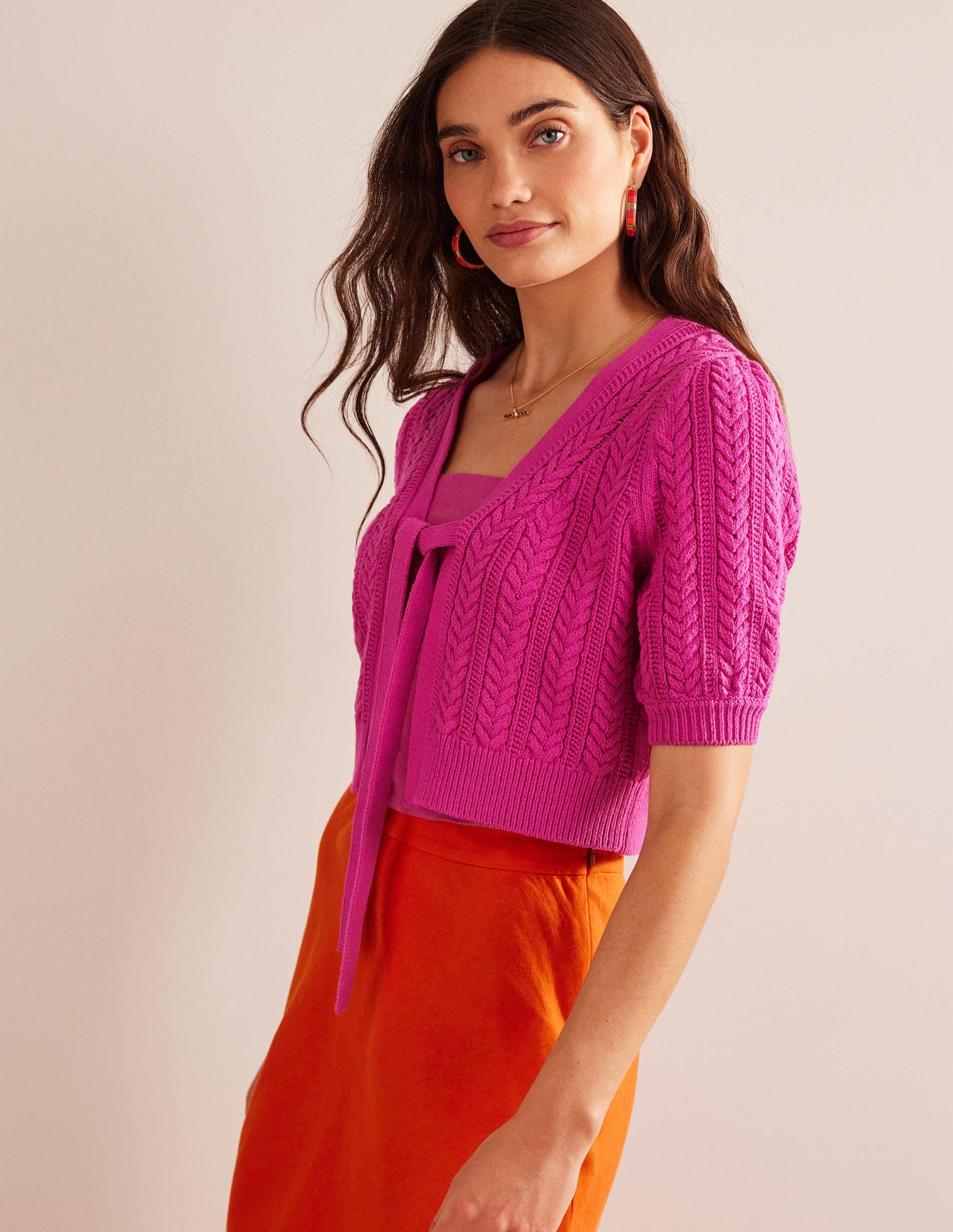 Bow-Trim Cropped Cardigan-Phlox Pink - Image 4