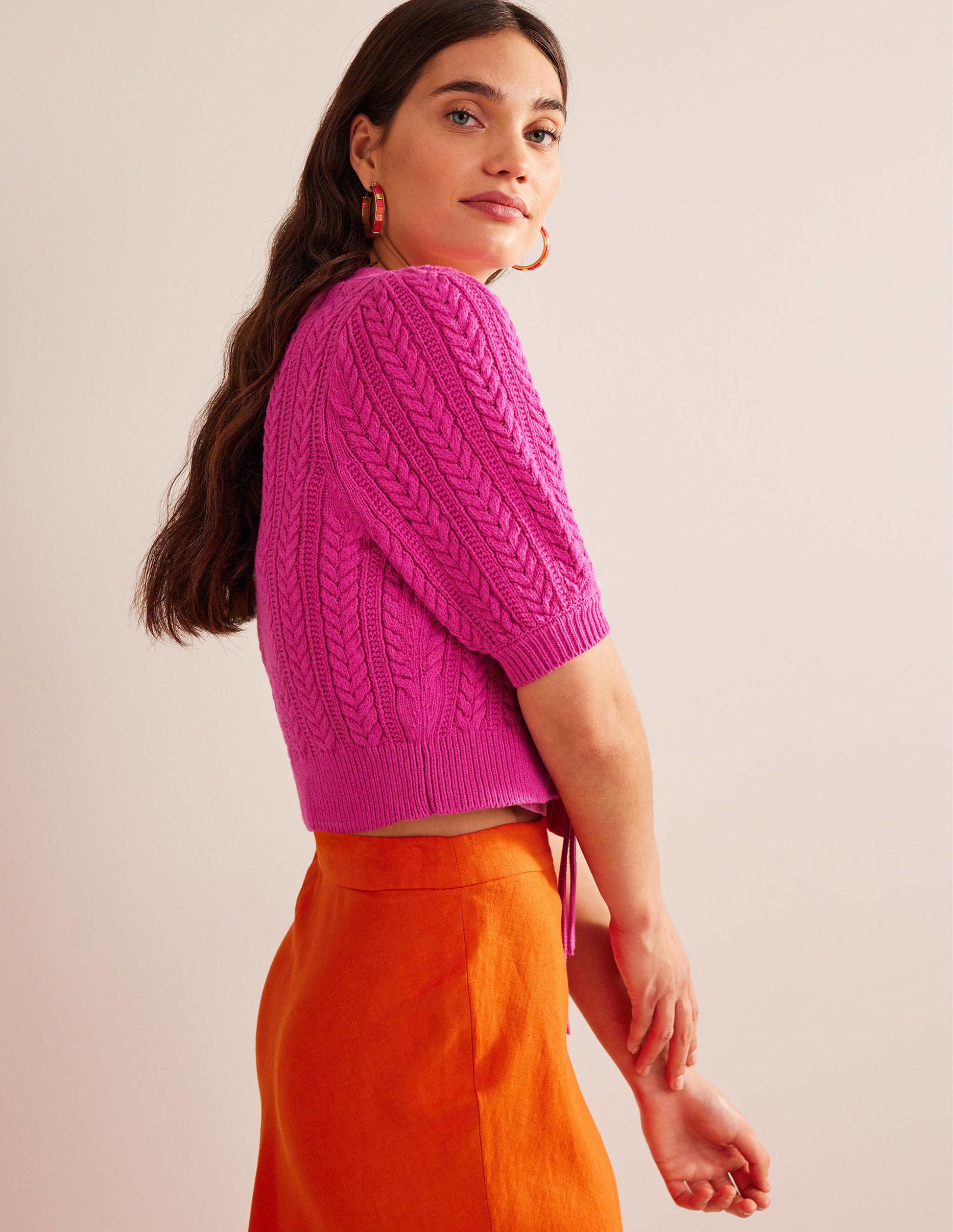 Bow-Trim Cropped Cardigan-Phlox Pink-5