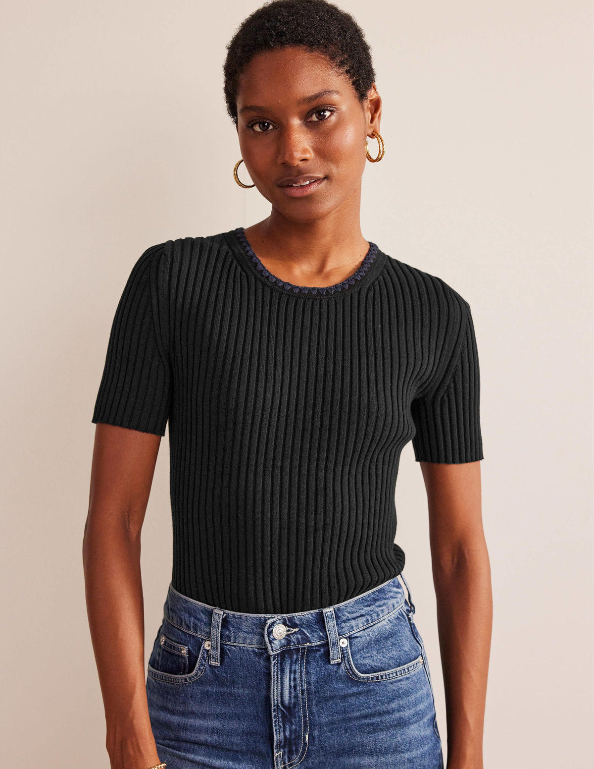 Crochet-Trim Knitted T-Shirt-Black - Image 1