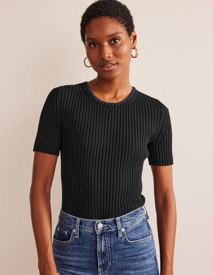 Crochet-Trim Knitted T-Shirt-Black-1