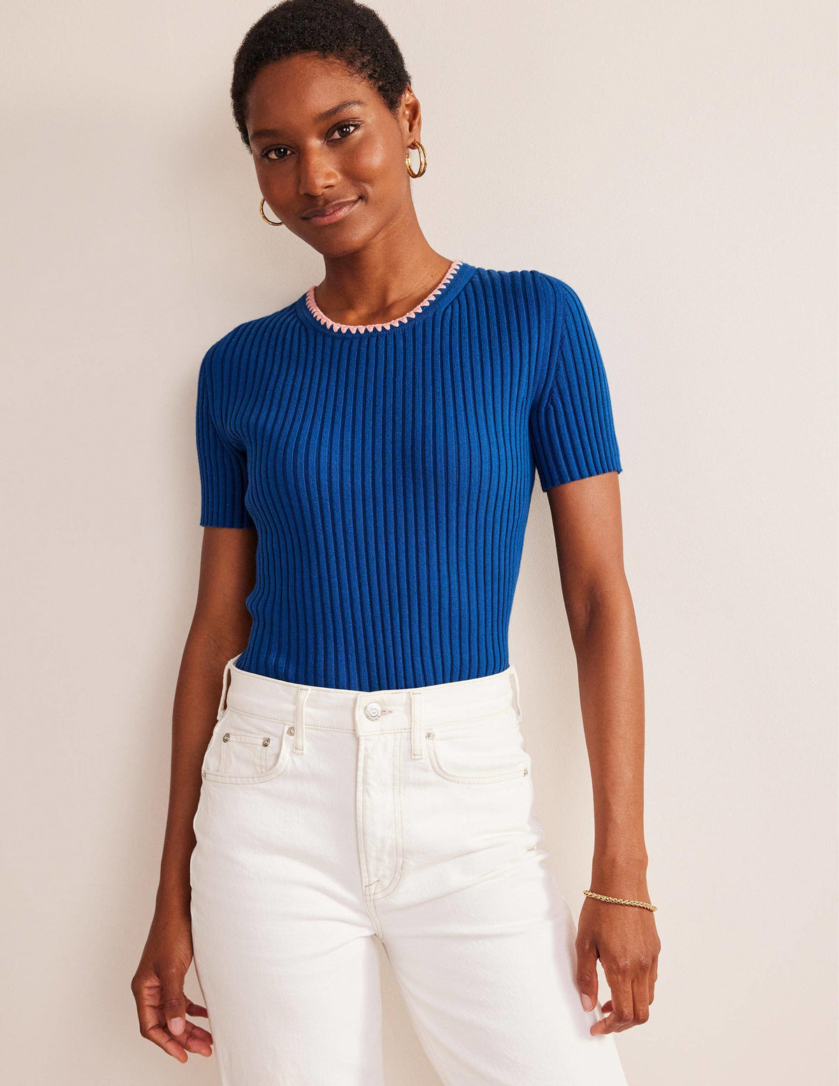 Crochet-Trim Knitted T-Shirt-Sapphire - Image 1