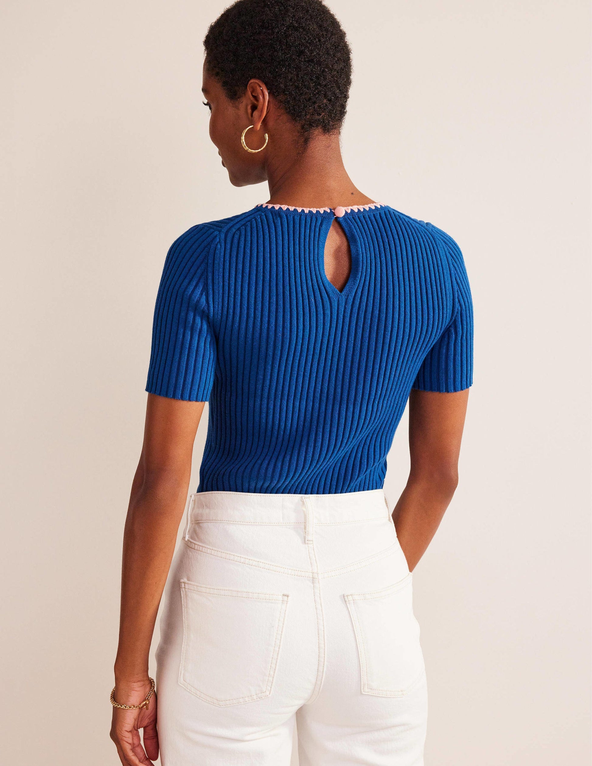Crochet-Trim Knitted T-Shirt-Sapphire-3