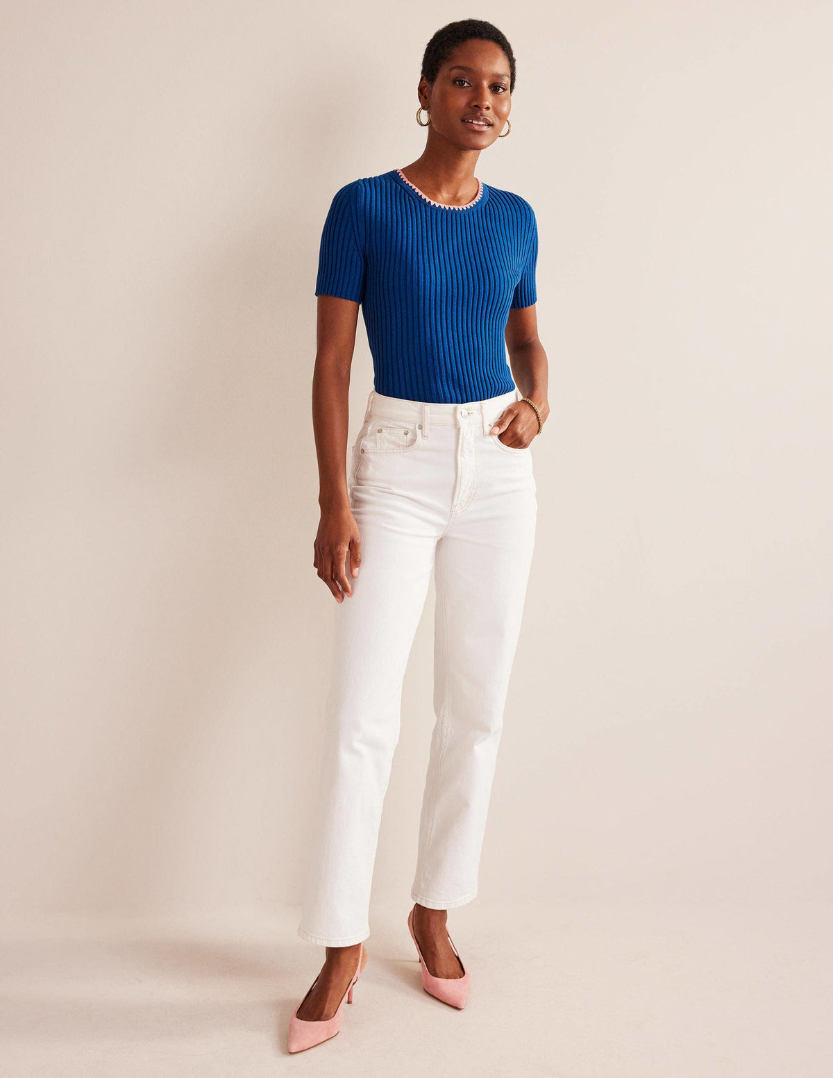 Crochet-Trim Knitted T-Shirt-Sapphire-4
