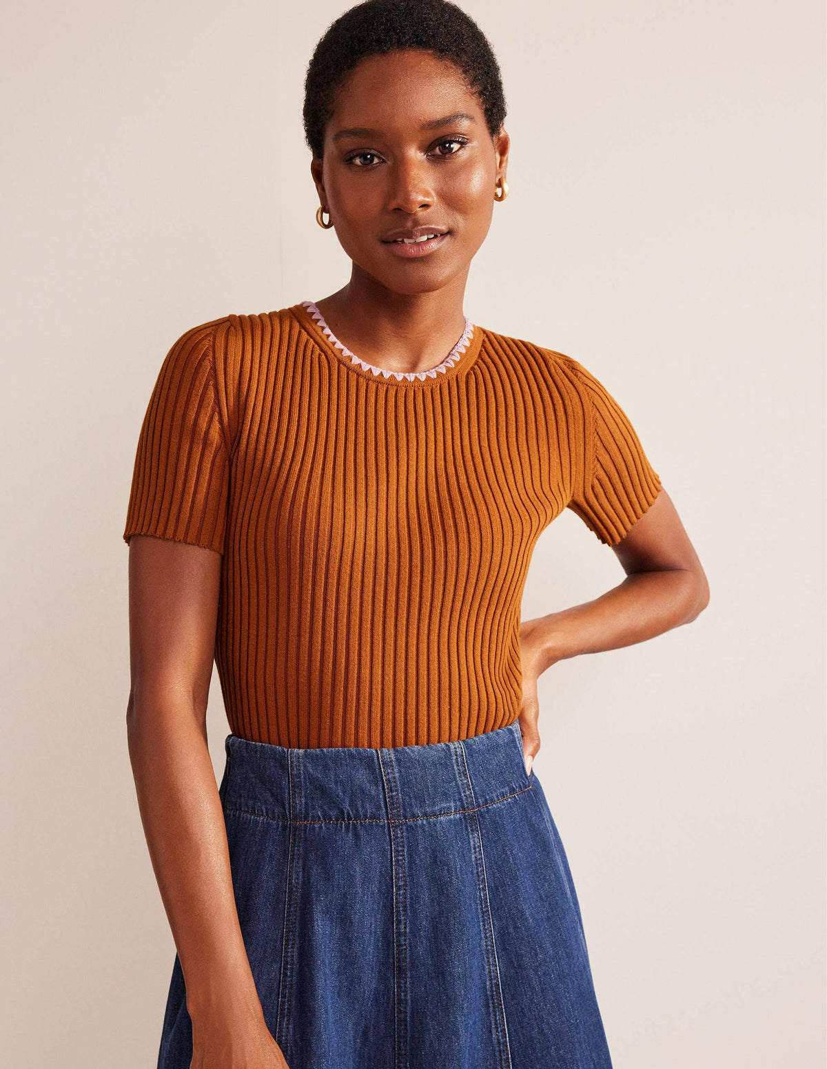 Crochet-Trim Knitted T-Shirt-Pumpkin-1