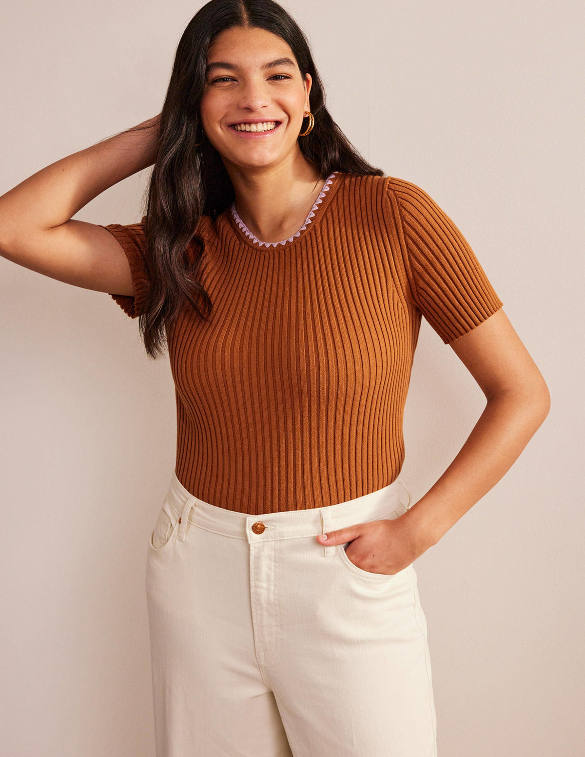 Crochet-Trim Knitted T-Shirt-Pumpkin-5