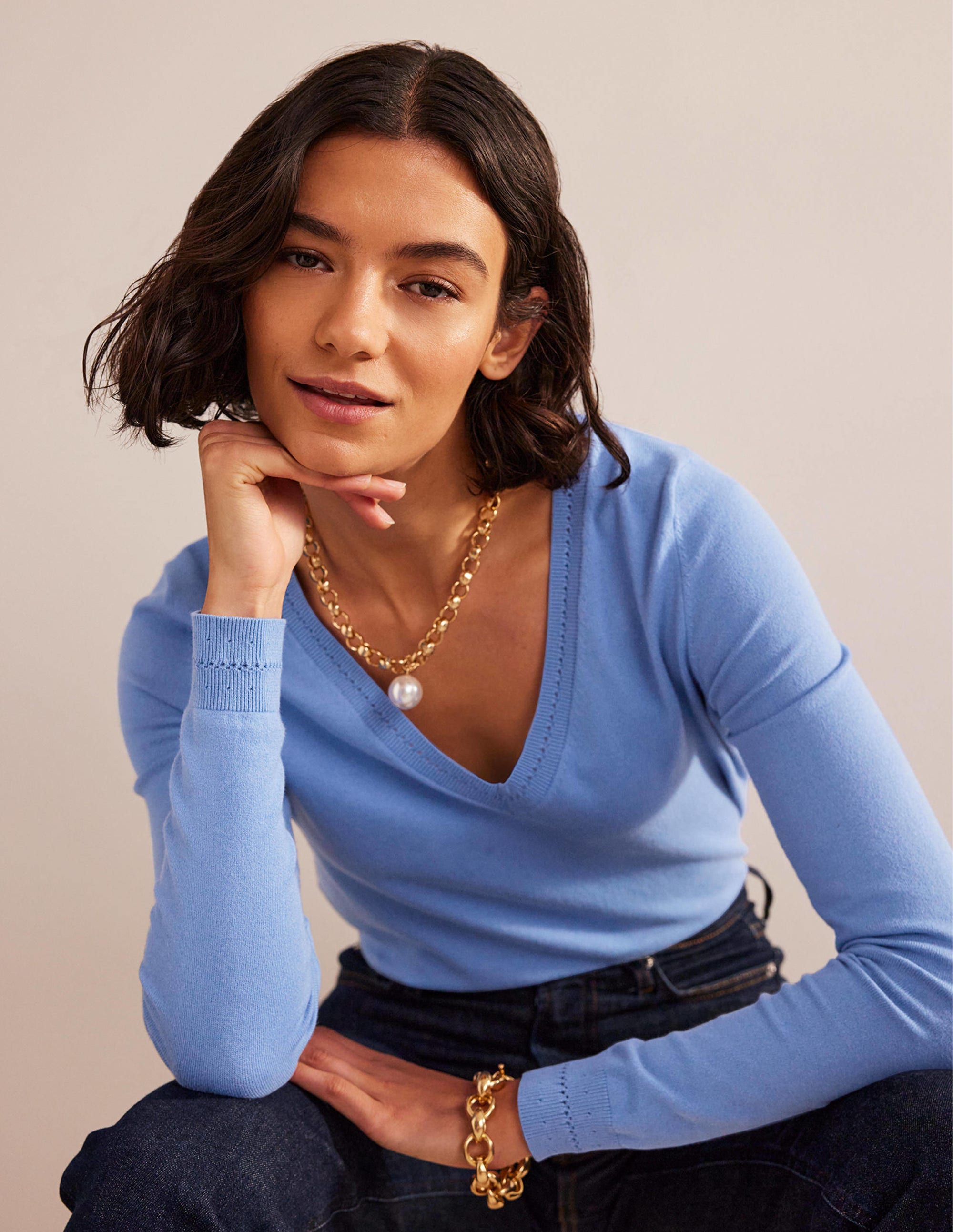 Catriona Cotton V-Neck Jumper-Marina - Image 1