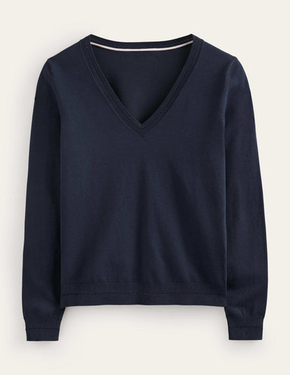 Catriona Cotton V-Neck Jumper-Navy-5