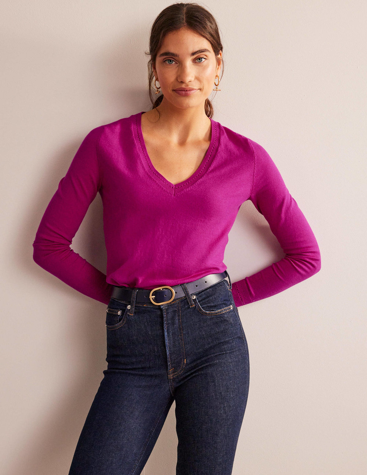 Catriona Cotton V-Neck Jumper-Festival Fuchsia - Image 1