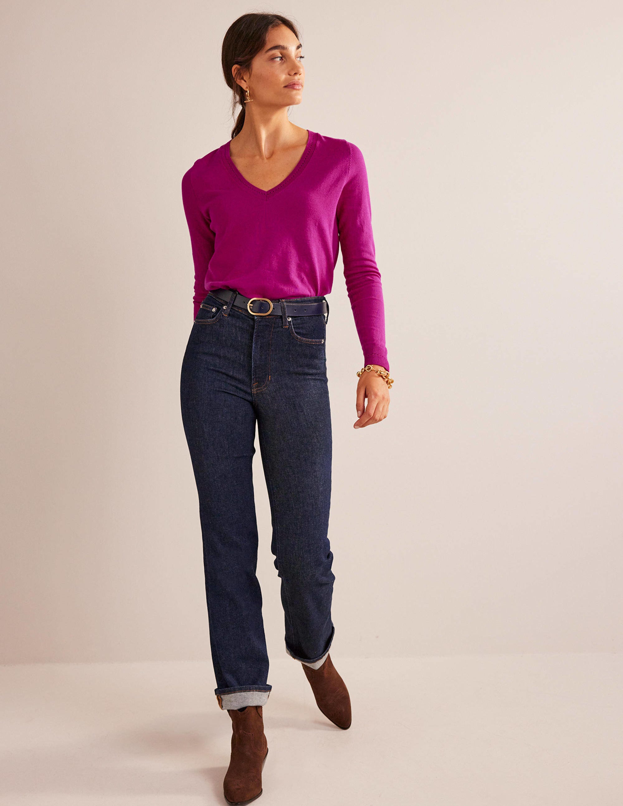Catriona Cotton V-Neck Jumper-Festival Fuchsia - Image 3