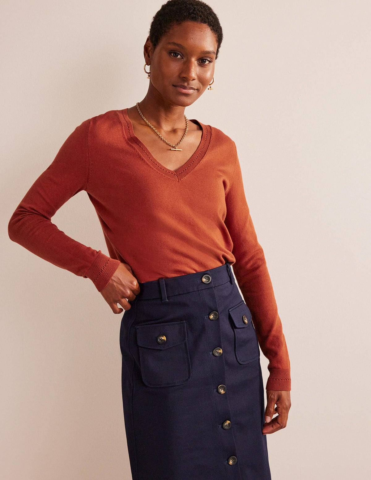 Catriona Cotton V-Neck Jumper-Chestnut Brown-1