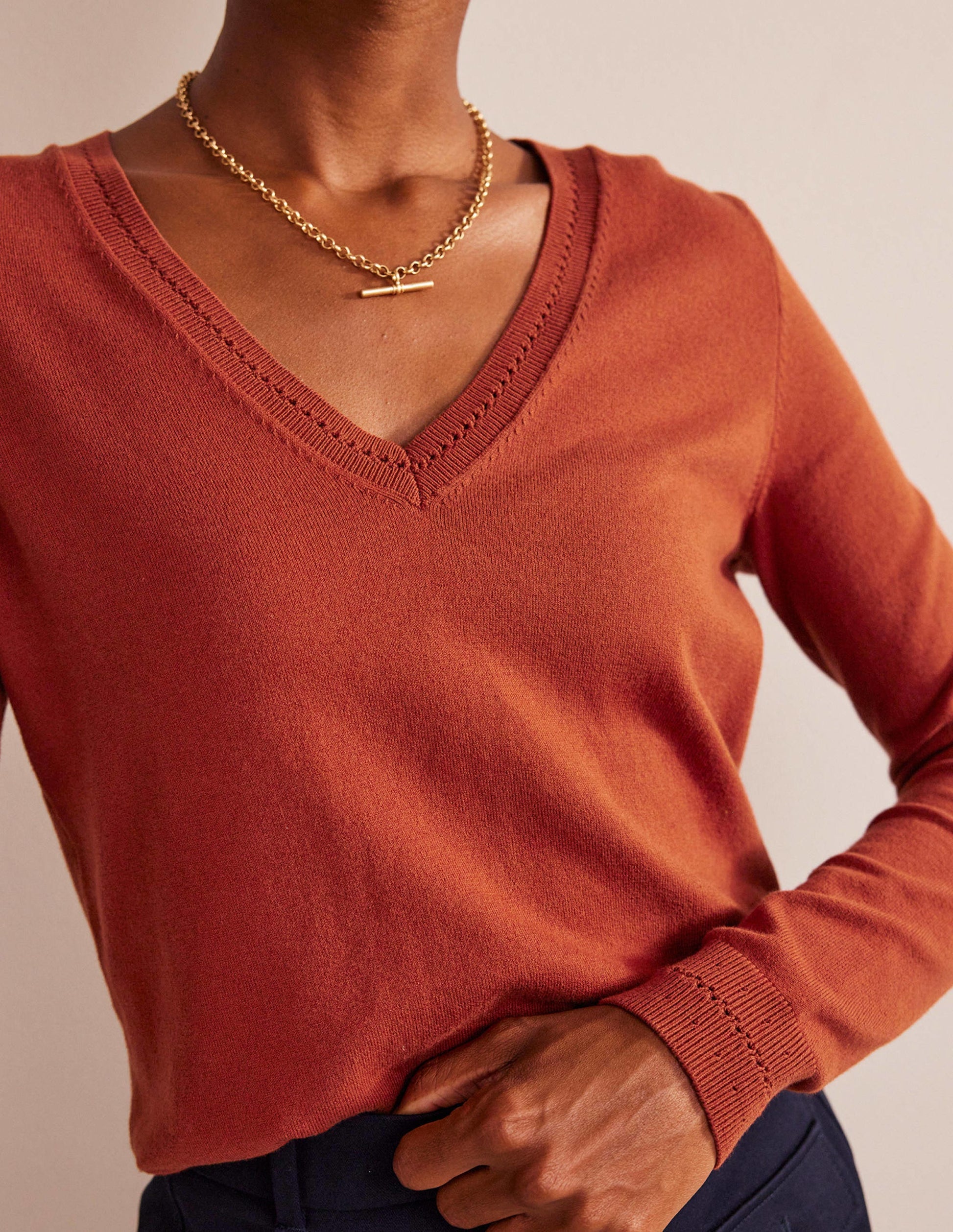 Catriona Cotton V-Neck Jumper-Chestnut Brown-2