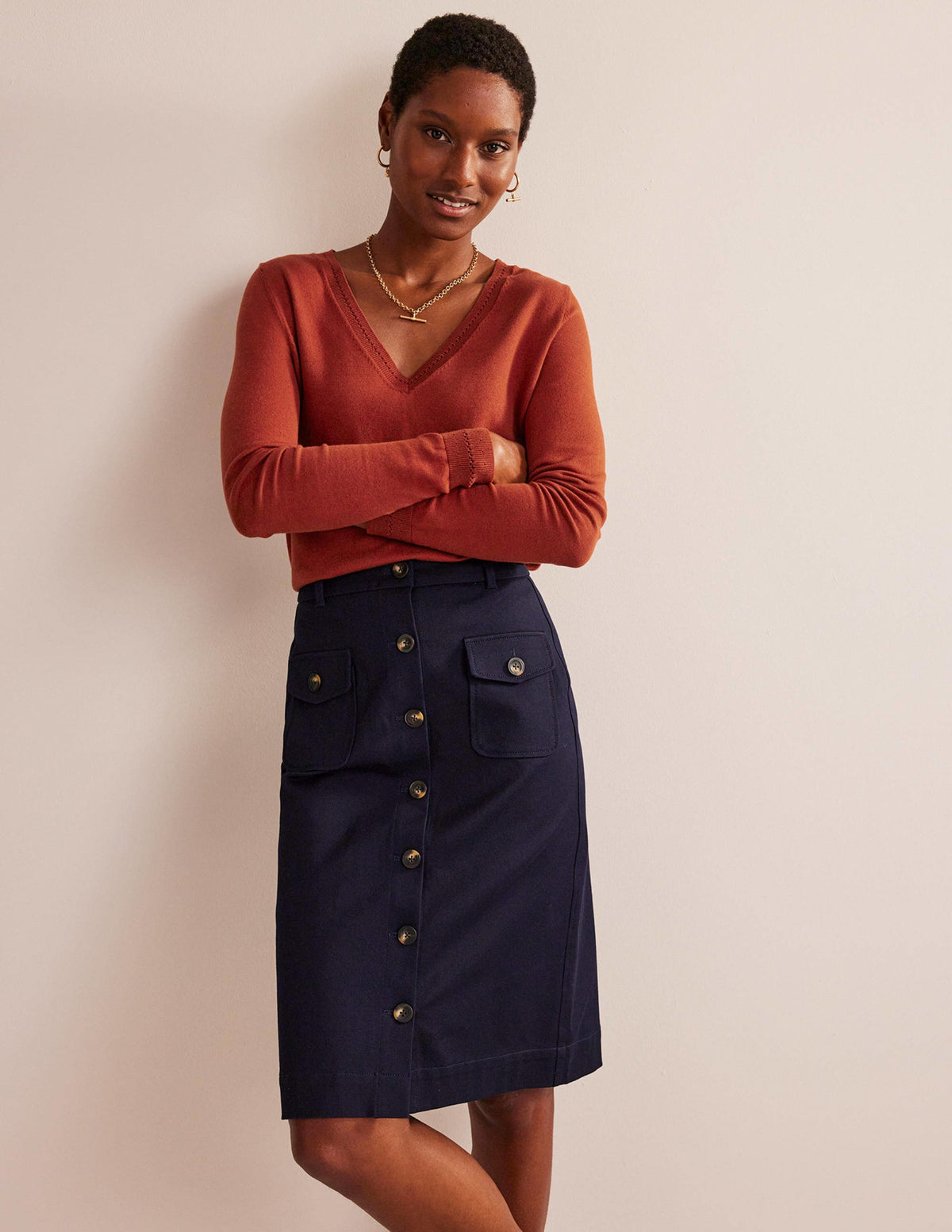 Catriona Cotton V-Neck Jumper-Chestnut Brown-4