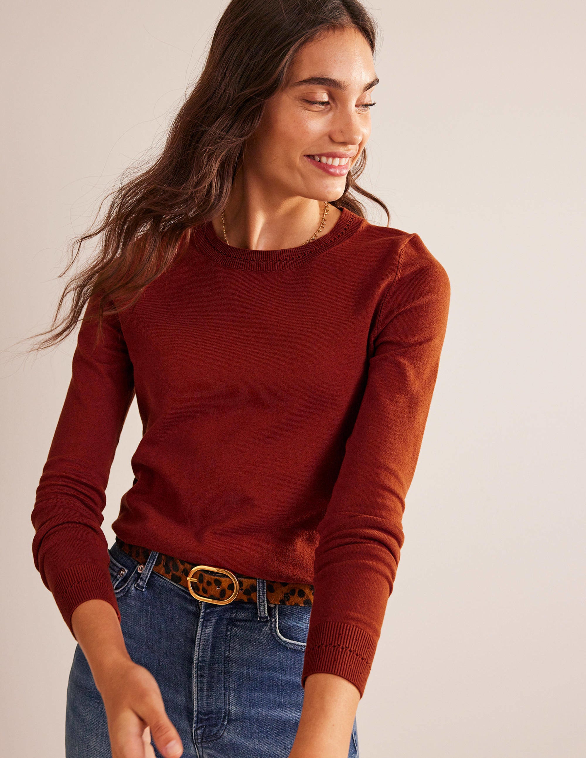 Catriona Cotton Crew Jumper-Chestnut Brown - Image 1
