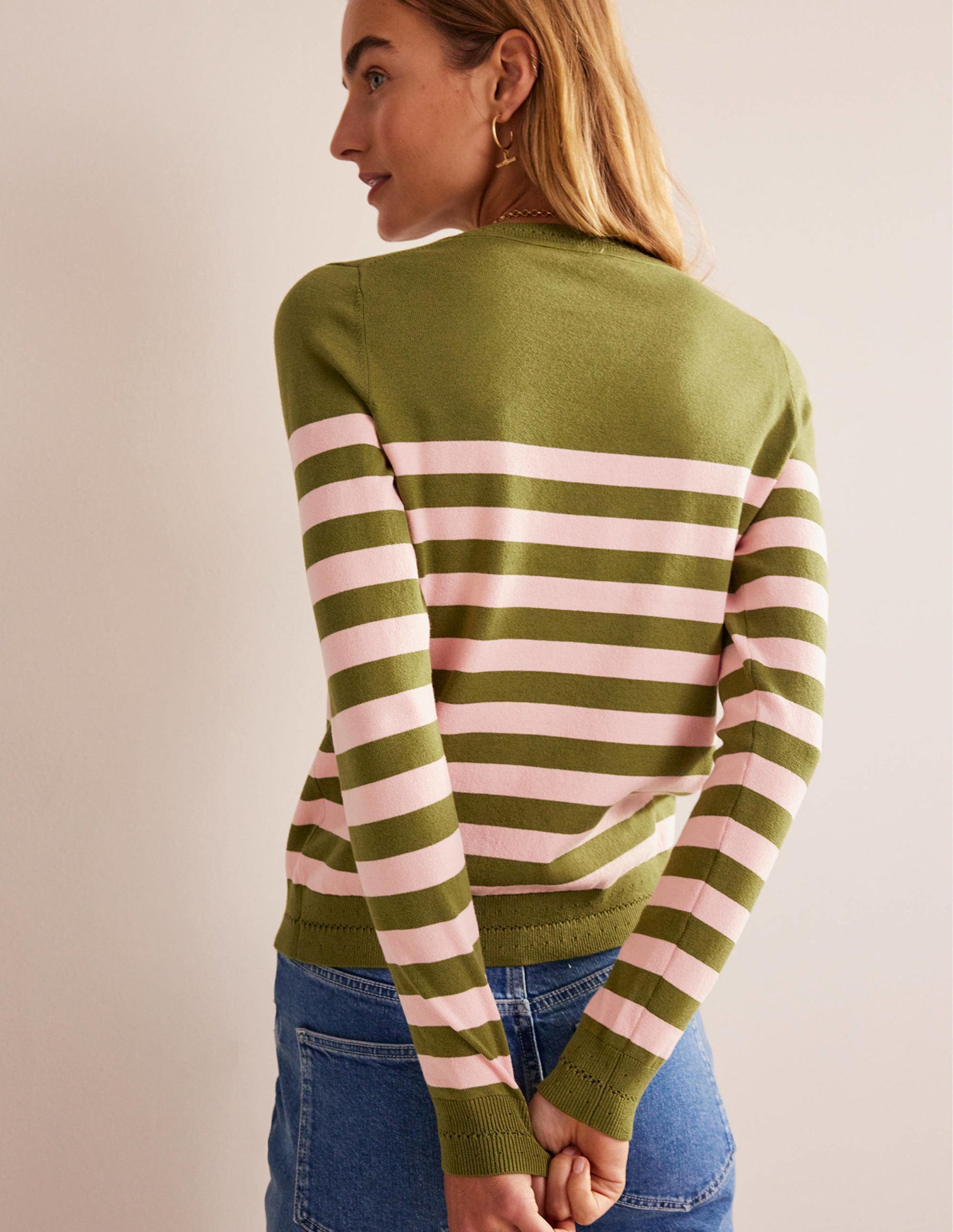 Catriona Cotton Crew Jumper-Chalky Pink and Green Olive-3
