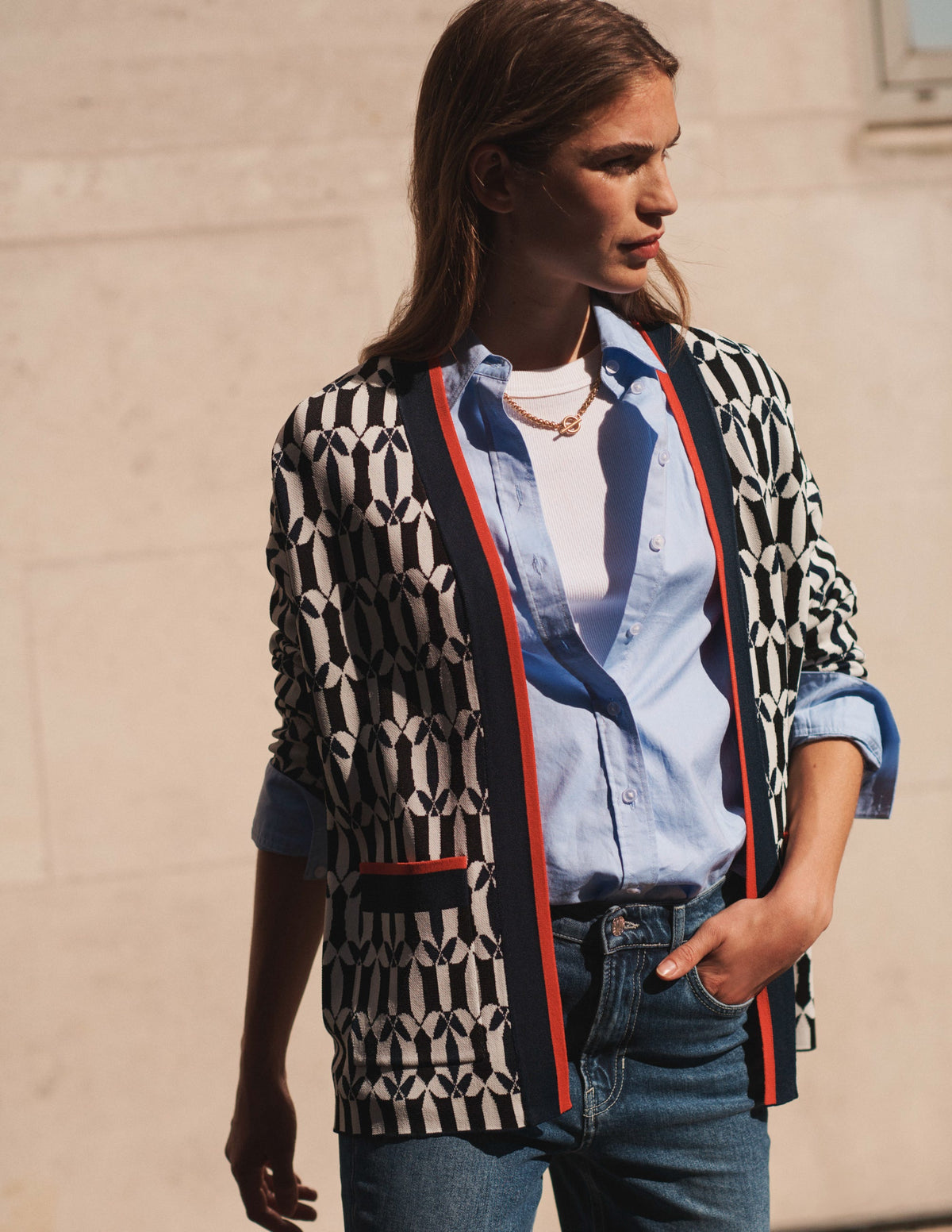 Jacquard Cardigan-Black and Ivory, Geometric-5
