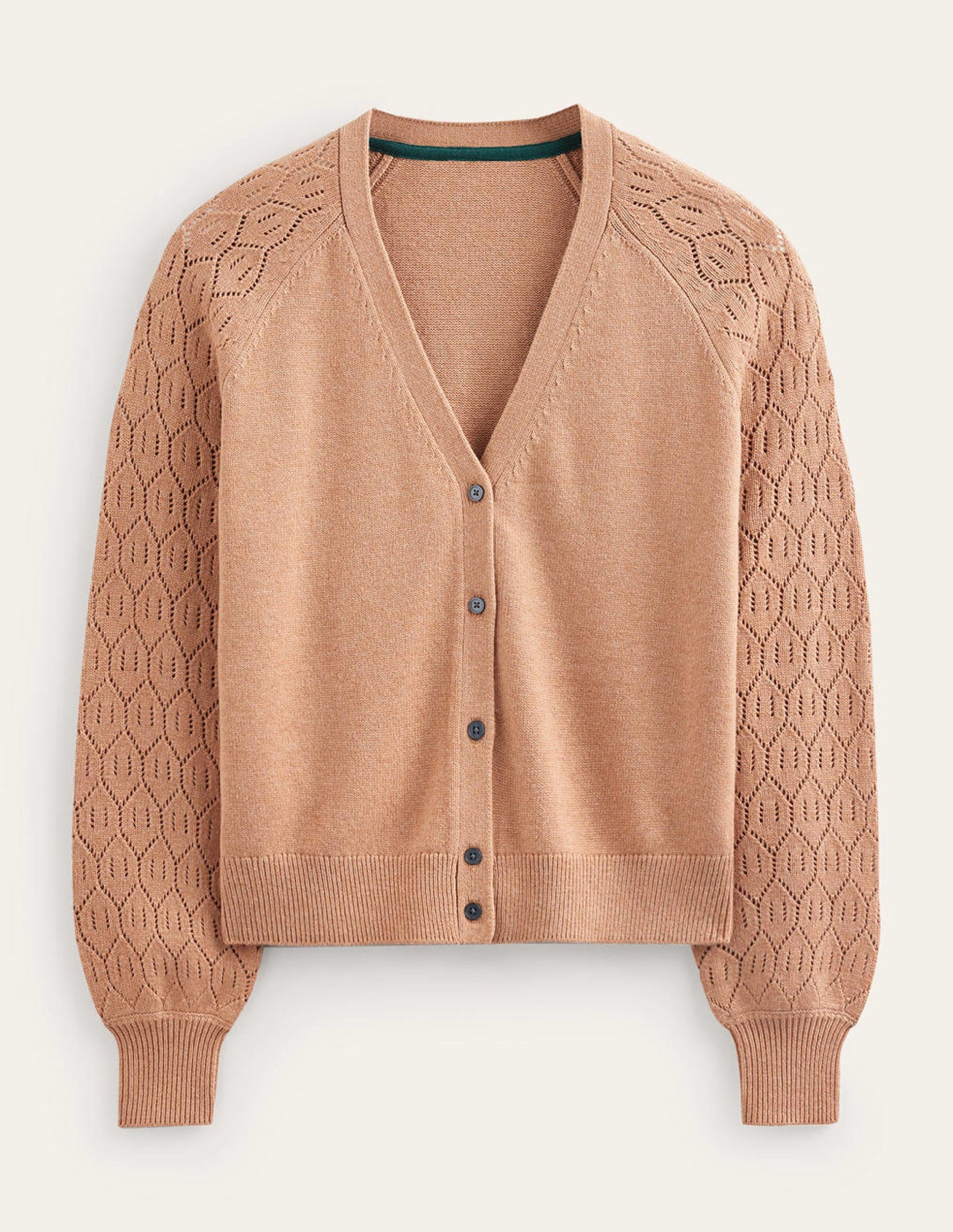 Pointelle Sleeve Cardigan-Camel Melange-5