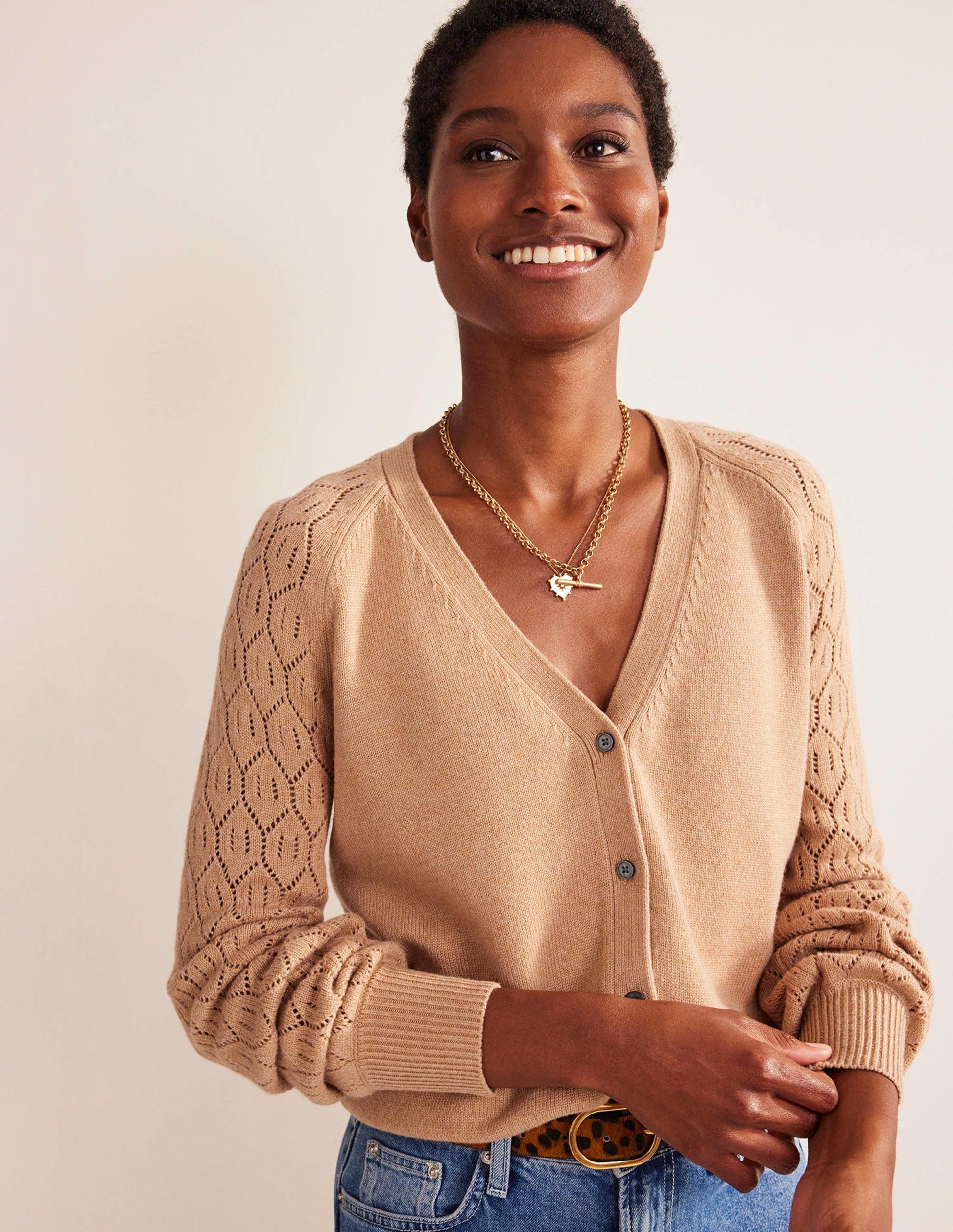 Pointelle Sleeve Cardigan-Camel Melange-1