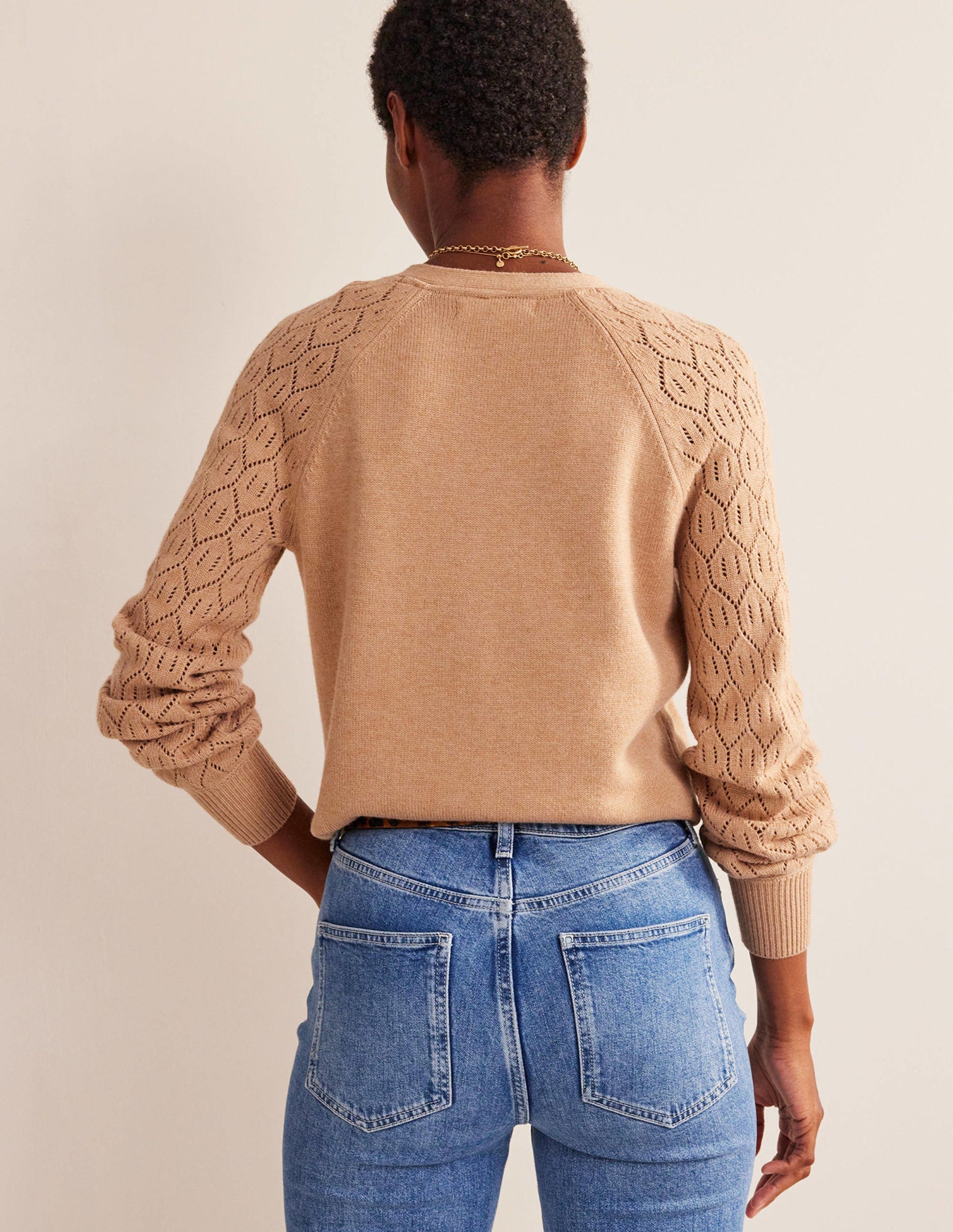 Pointelle Sleeve Cardigan-Camel Melange-3