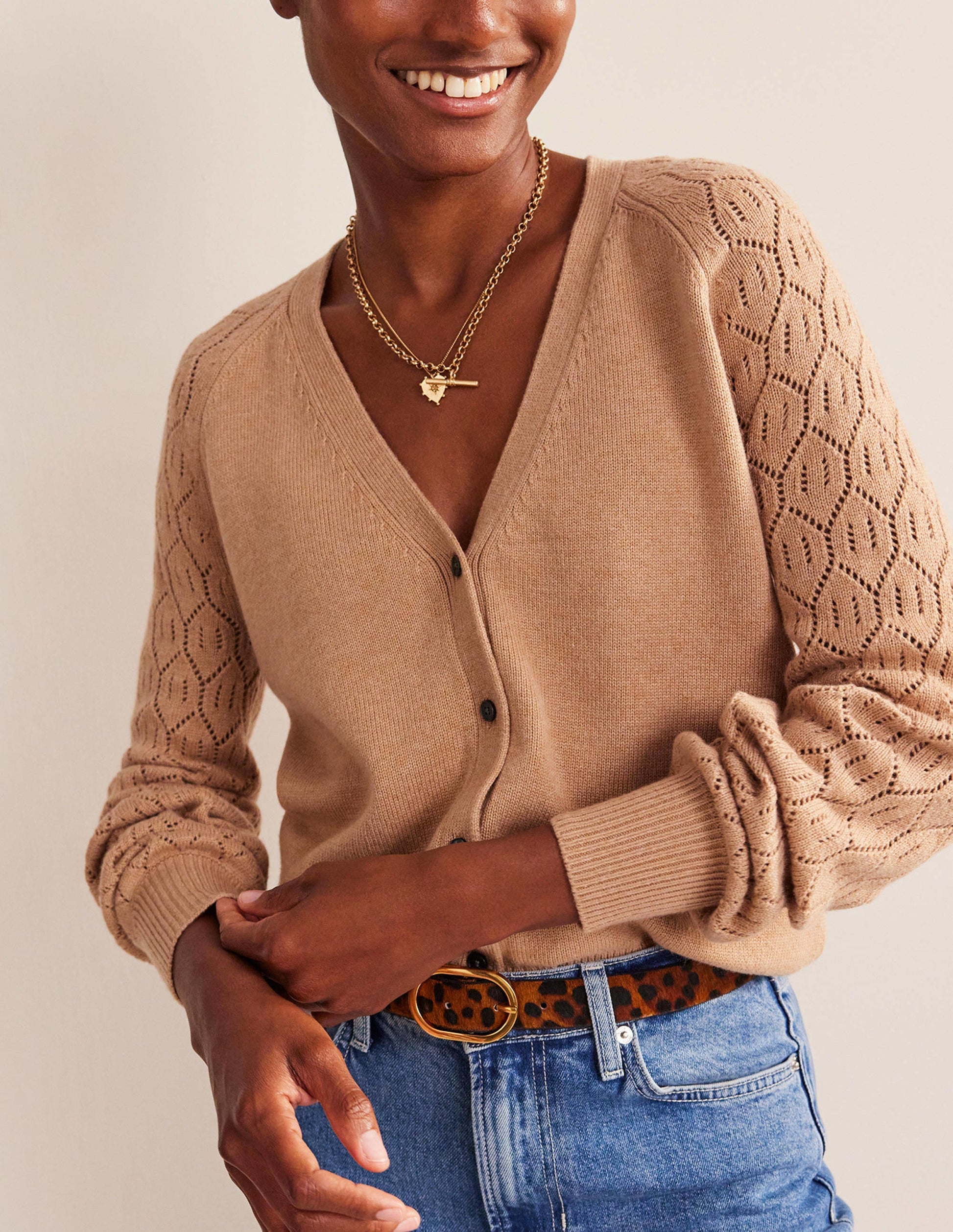 Pointelle Sleeve Cardigan-Camel Melange-4