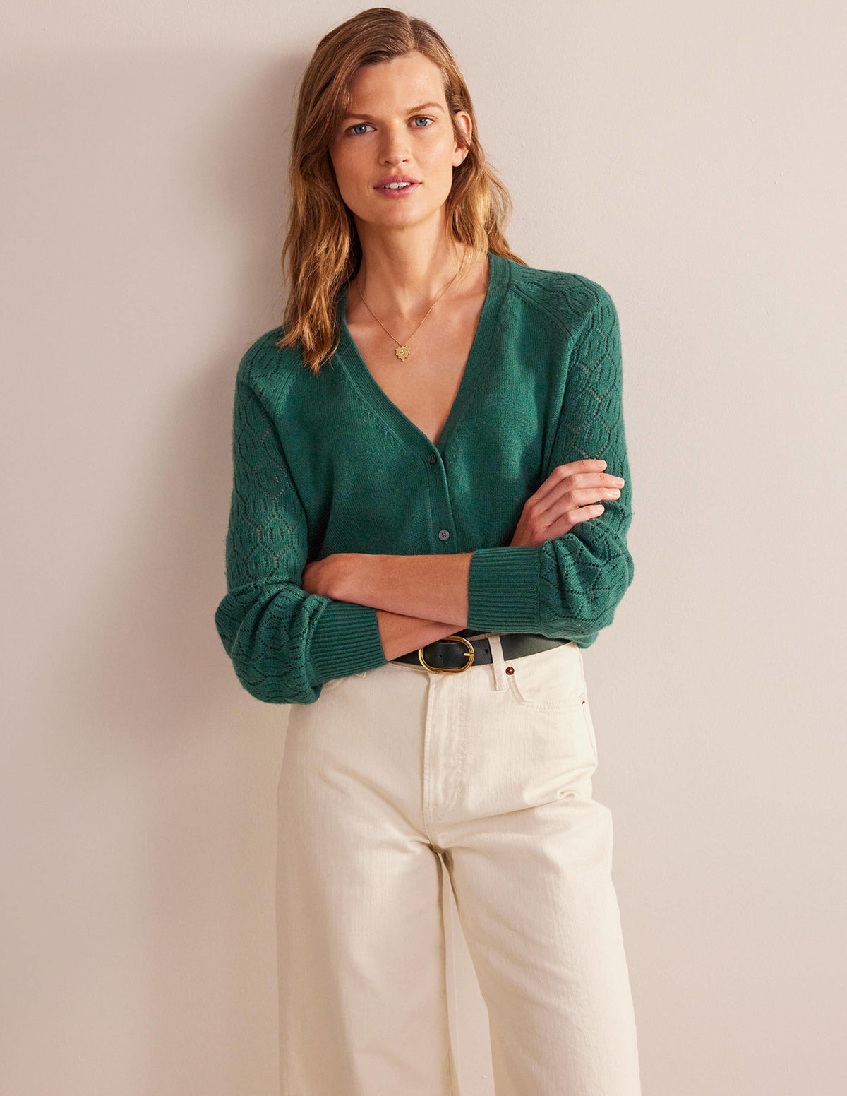 Pointelle Sleeve Cardigan-Emerald Night-4