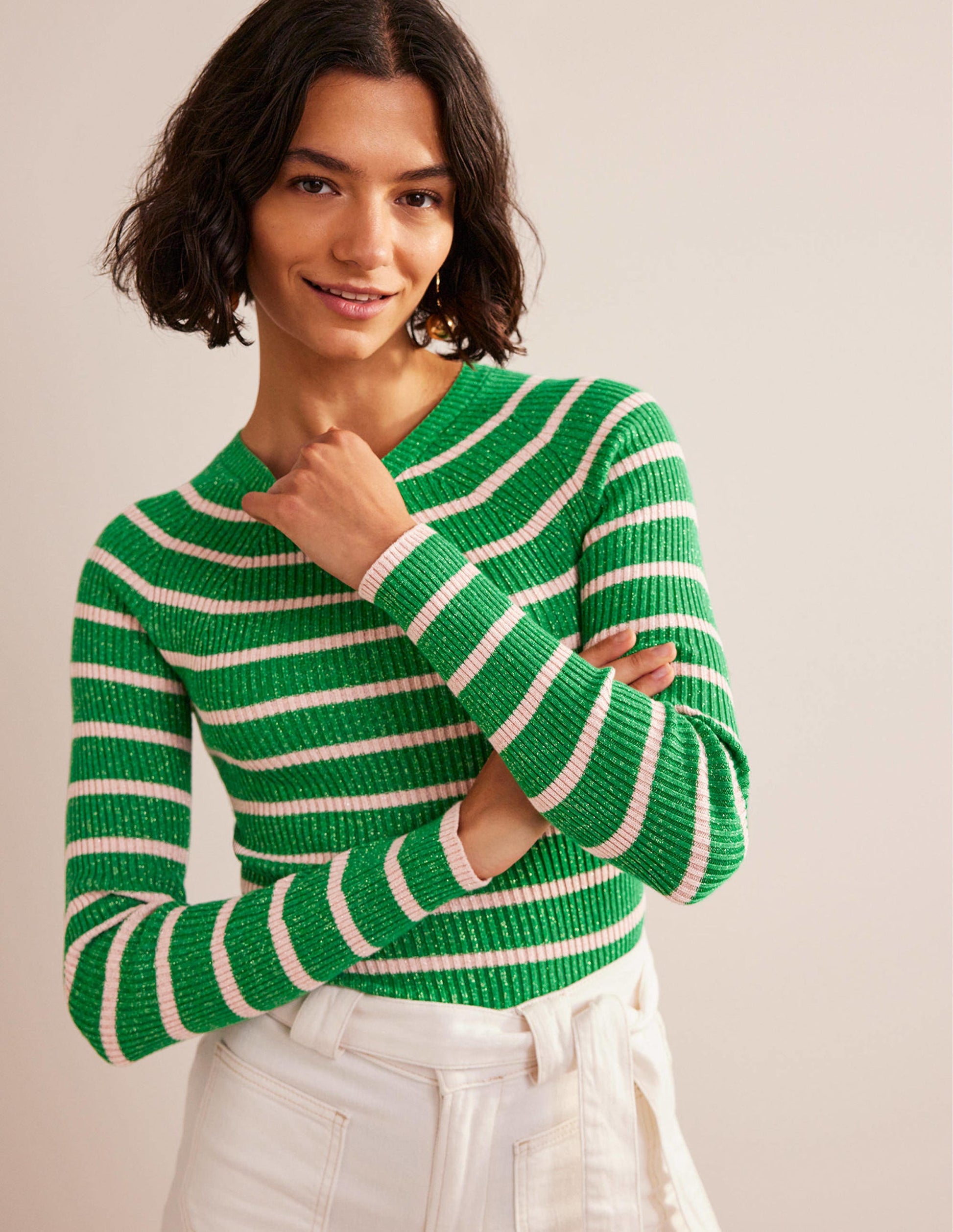 Effie Sparkle Stripe Jumper-Meadow Green, Chalky Pink-1