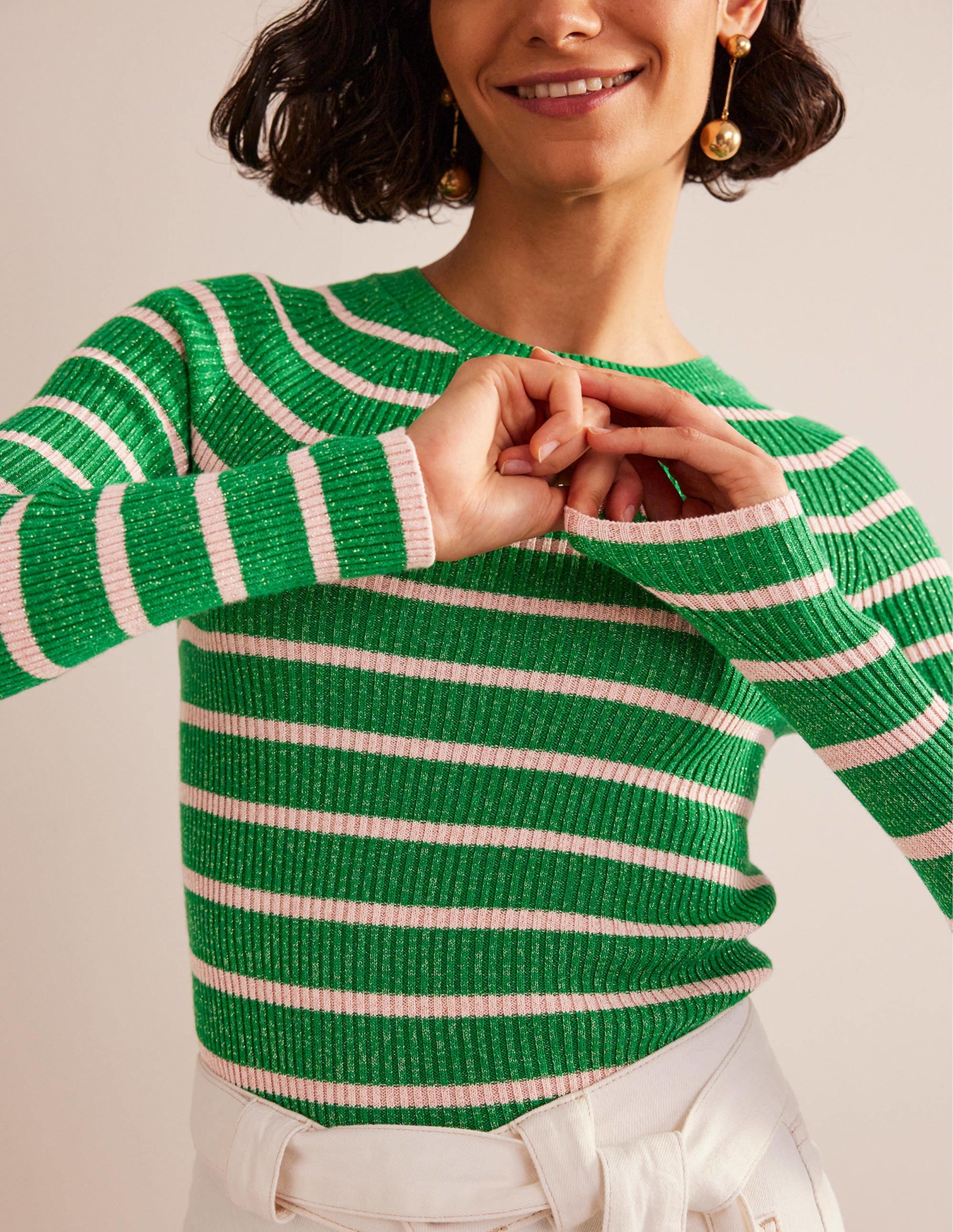 Effie Sparkle Stripe Jumper-Meadow Green, Chalky Pink - Image 2