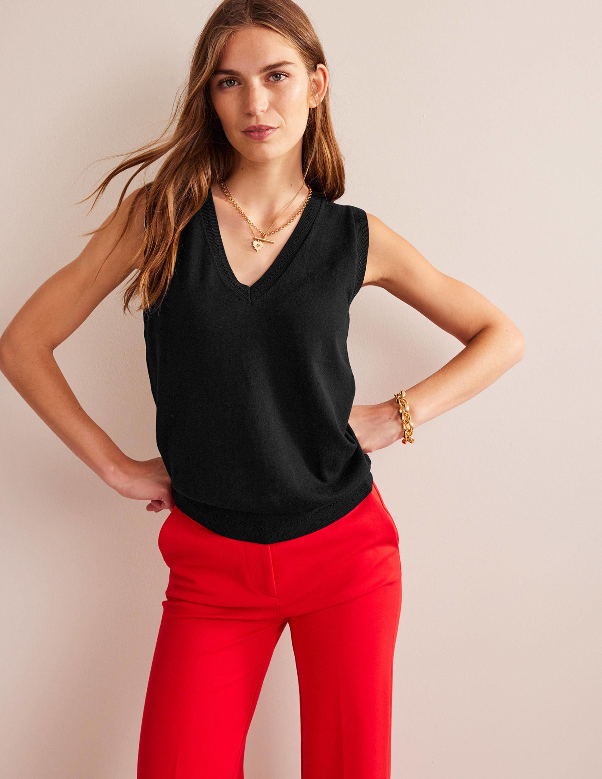 Catriona Cotton V-Neck Tank-Black - Image 1