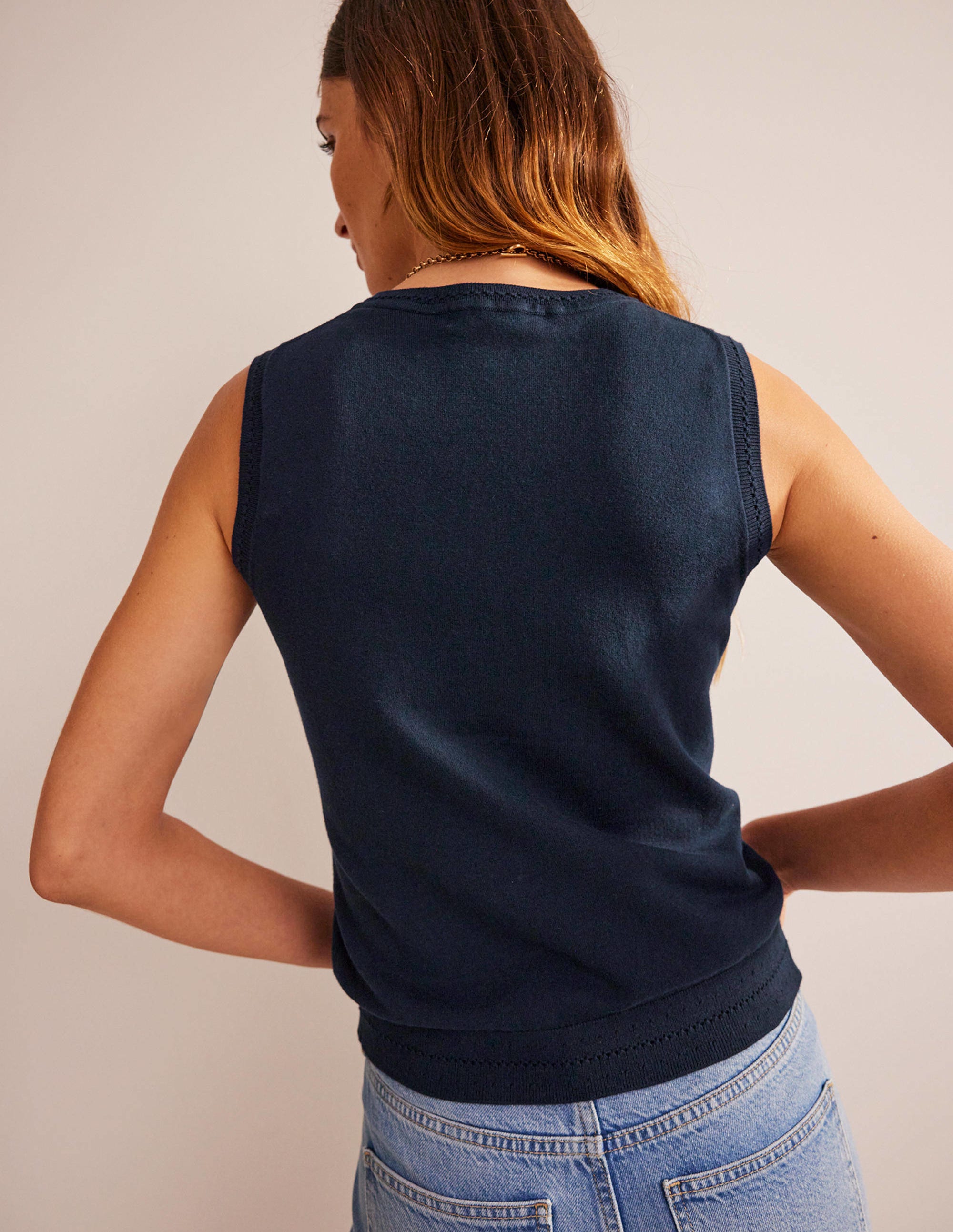 Catriona Cotton V-Neck Tank-Navy - Image 3