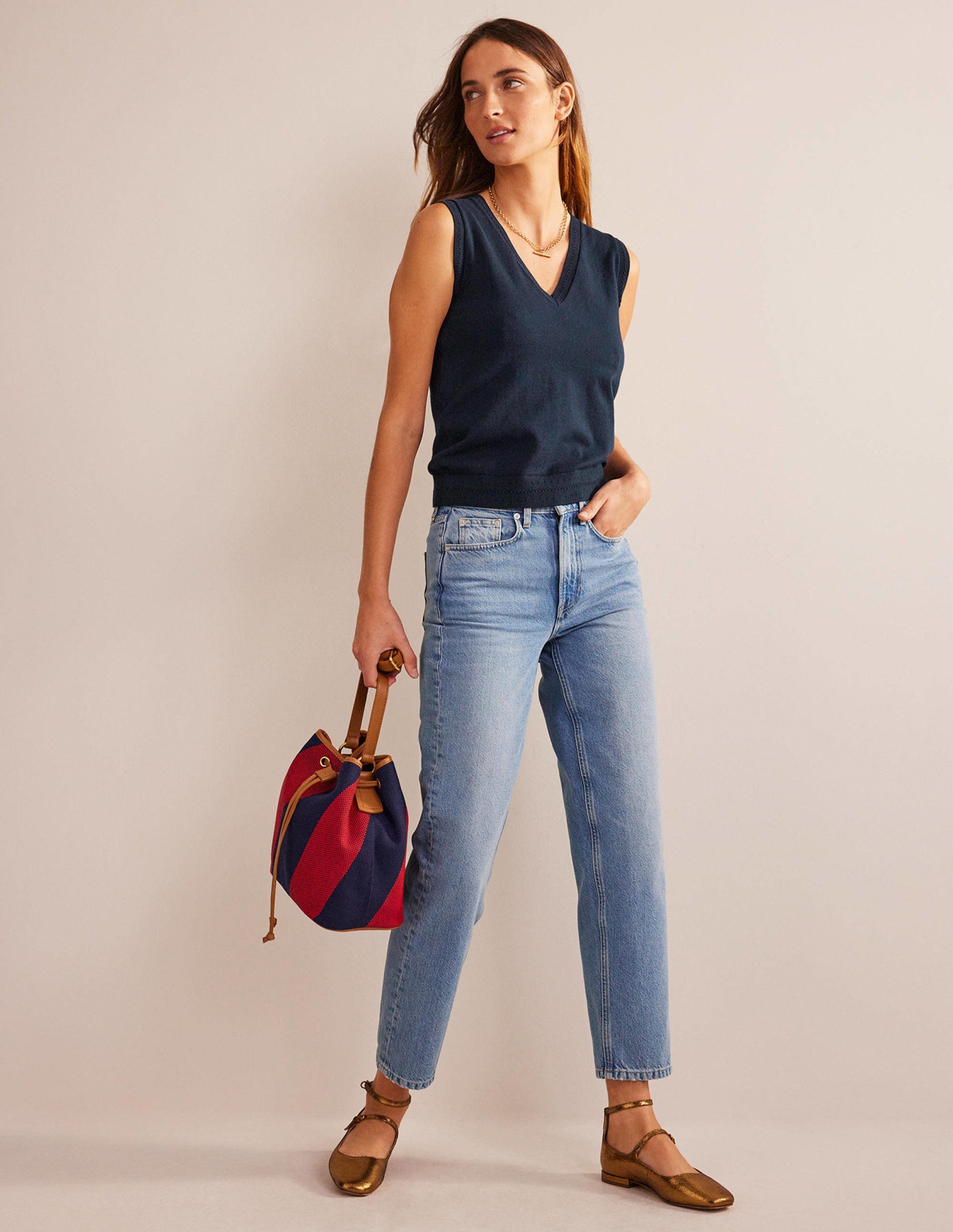 Catriona Cotton V-Neck Tank-Navy-4