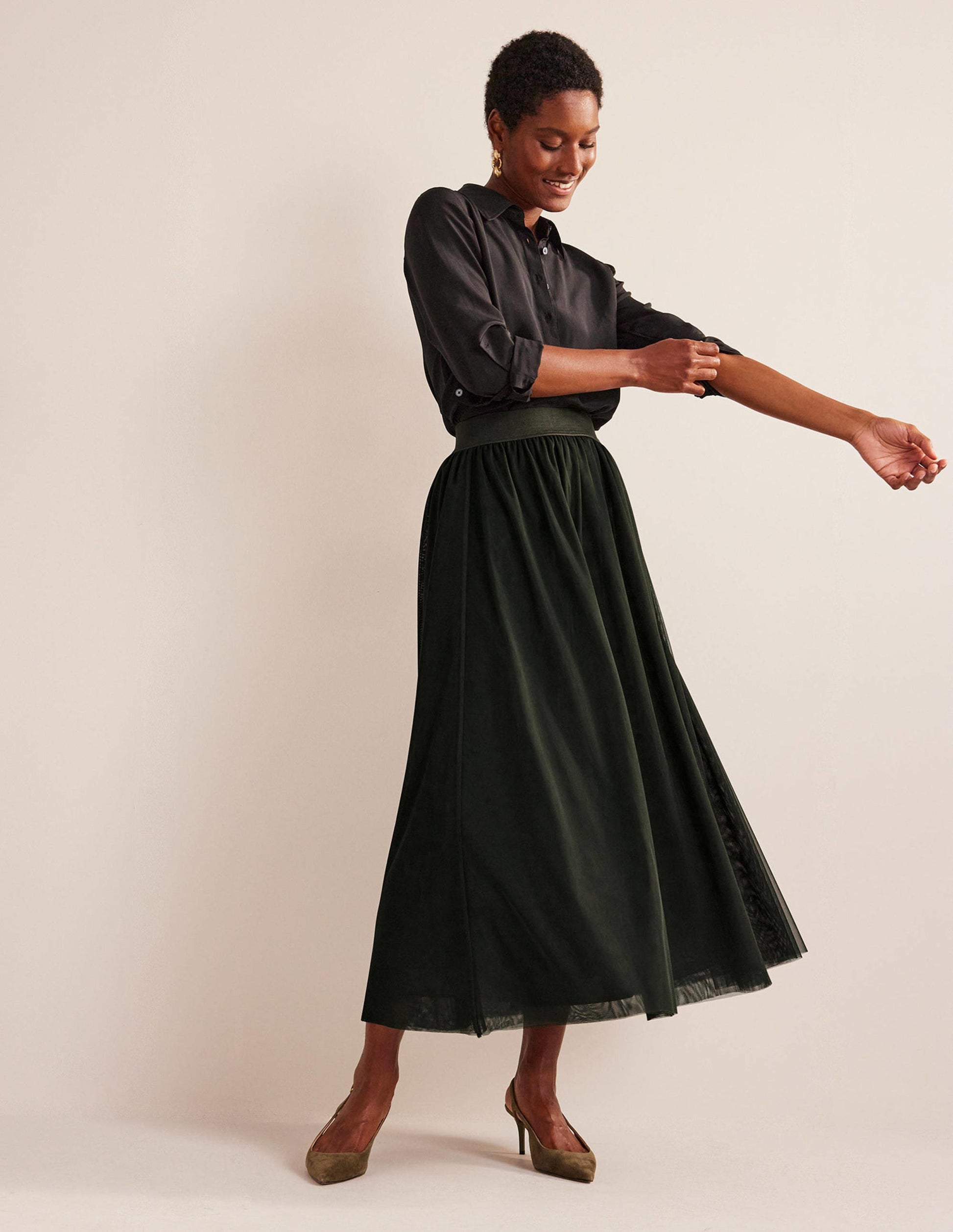 Tulle Full Midi Skirt-Khaki-1