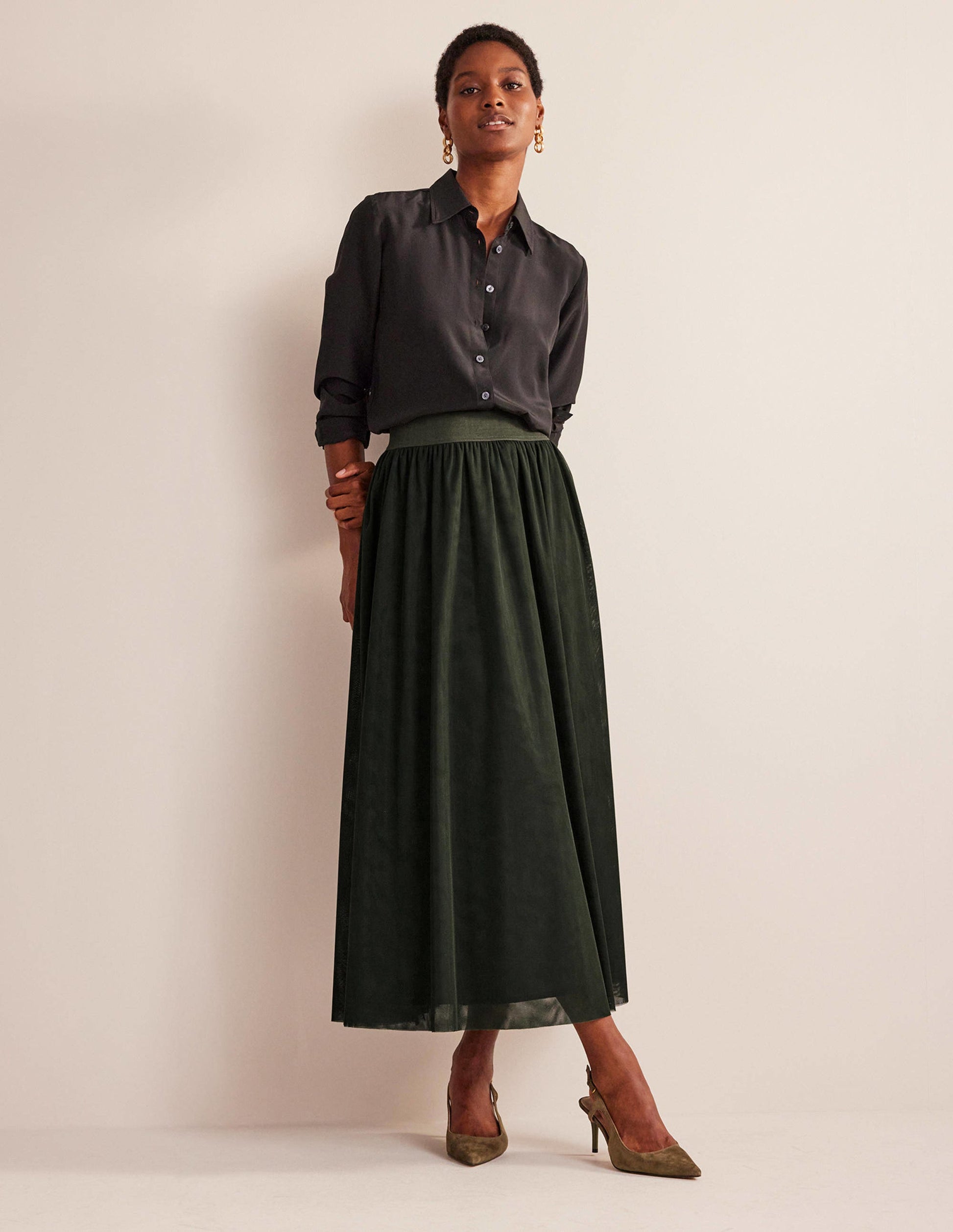 Tulle Full Midi Skirt-Khaki-5