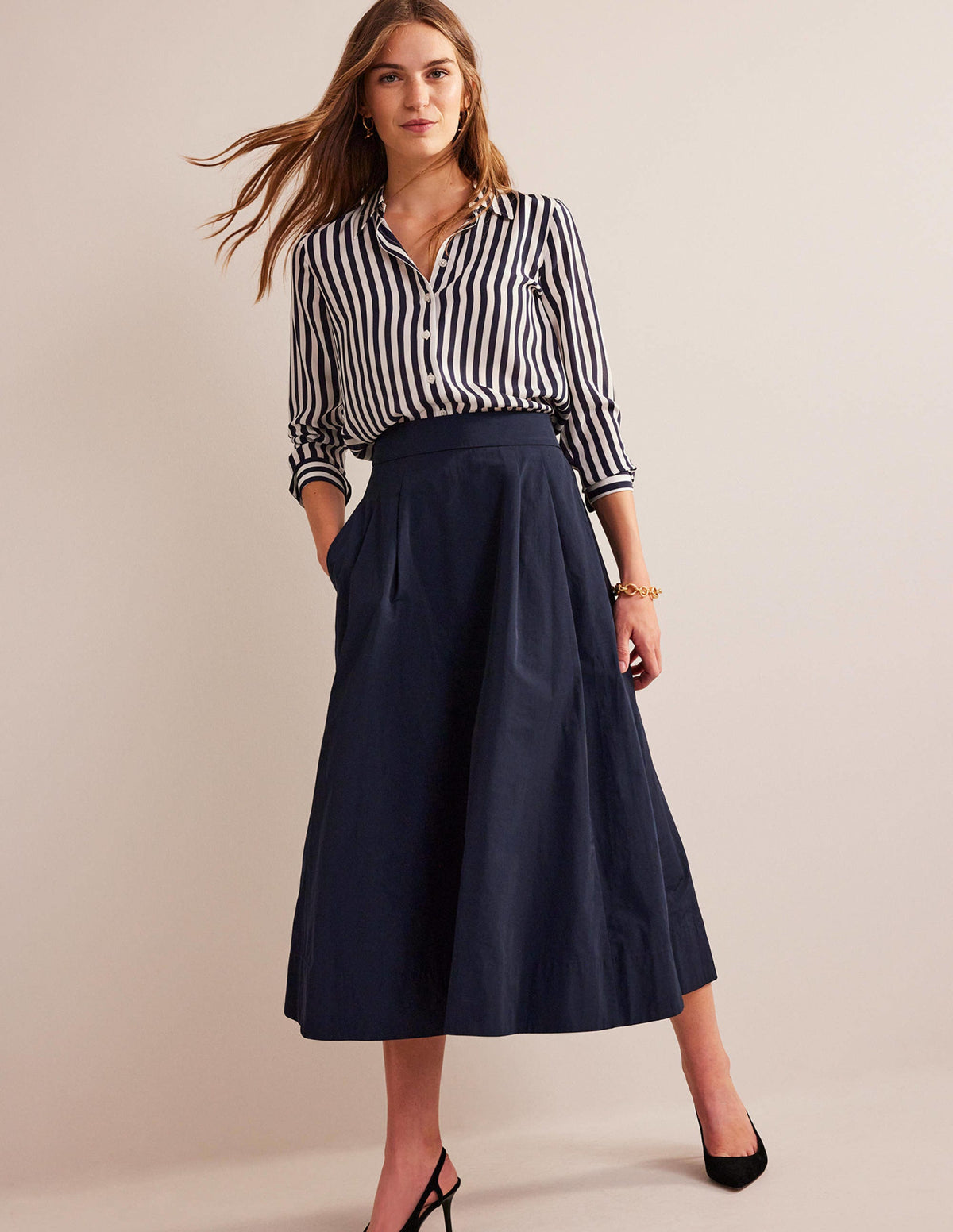 Taffeta Pull-on Midi Skirt-Navy-1