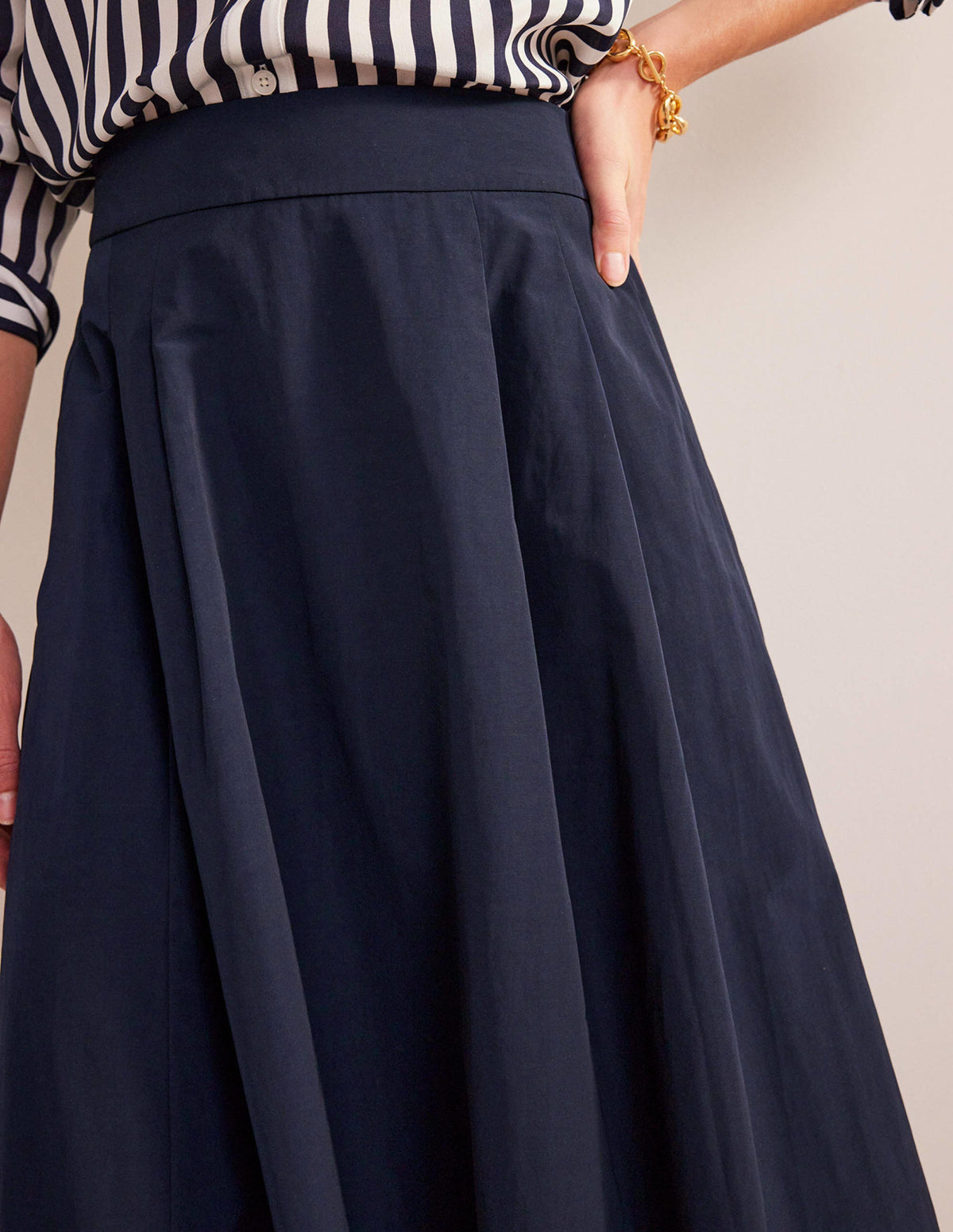 Taffeta Pull-on Midi Skirt-Navy-2