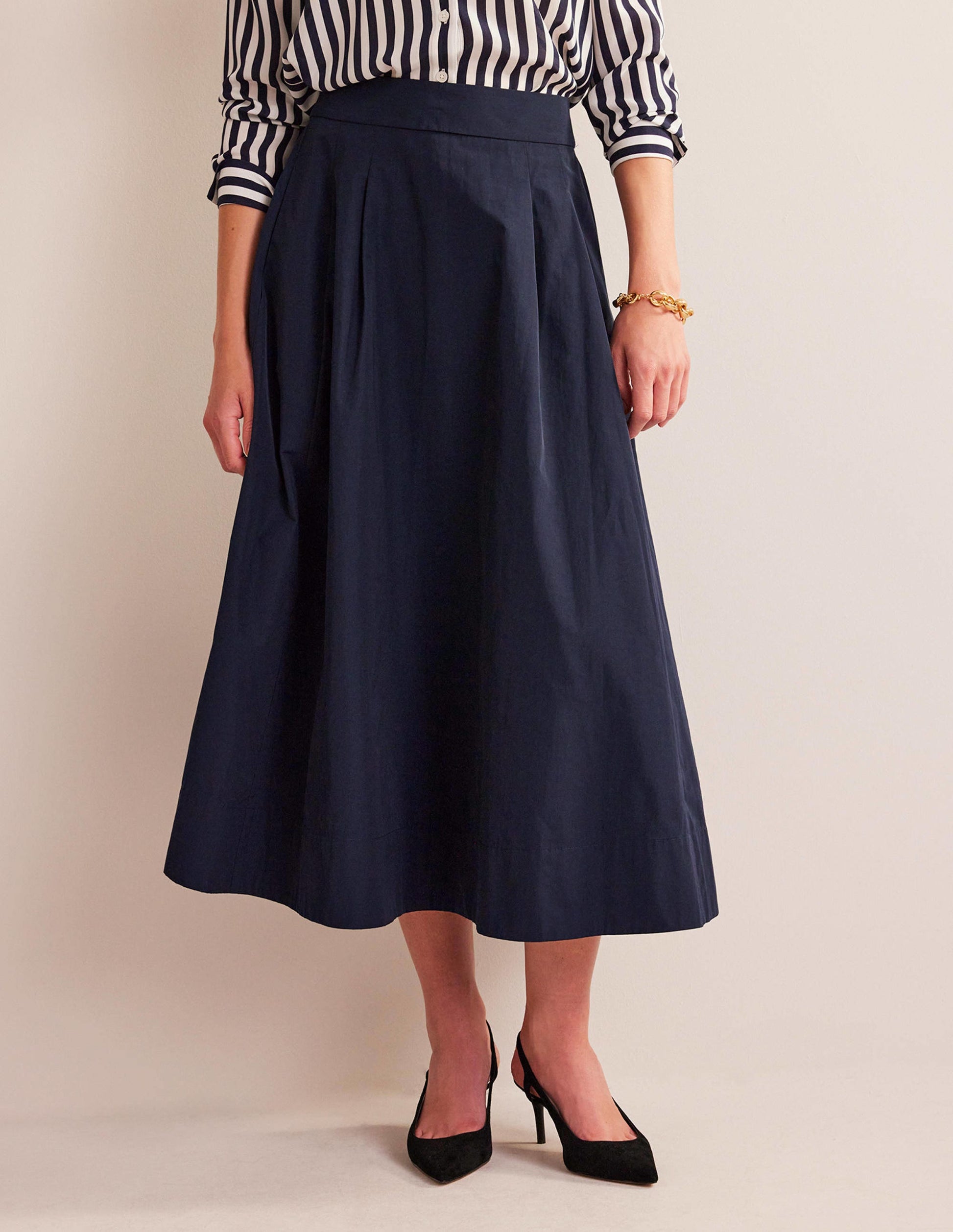 Taffeta Pull-on Midi Skirt-Navy-4