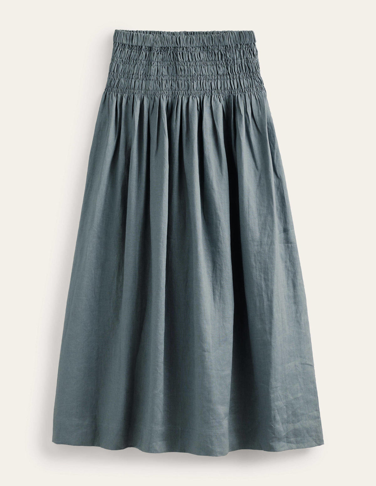 Shirred Waist Linen Midi Skirt-Deep Sea-5