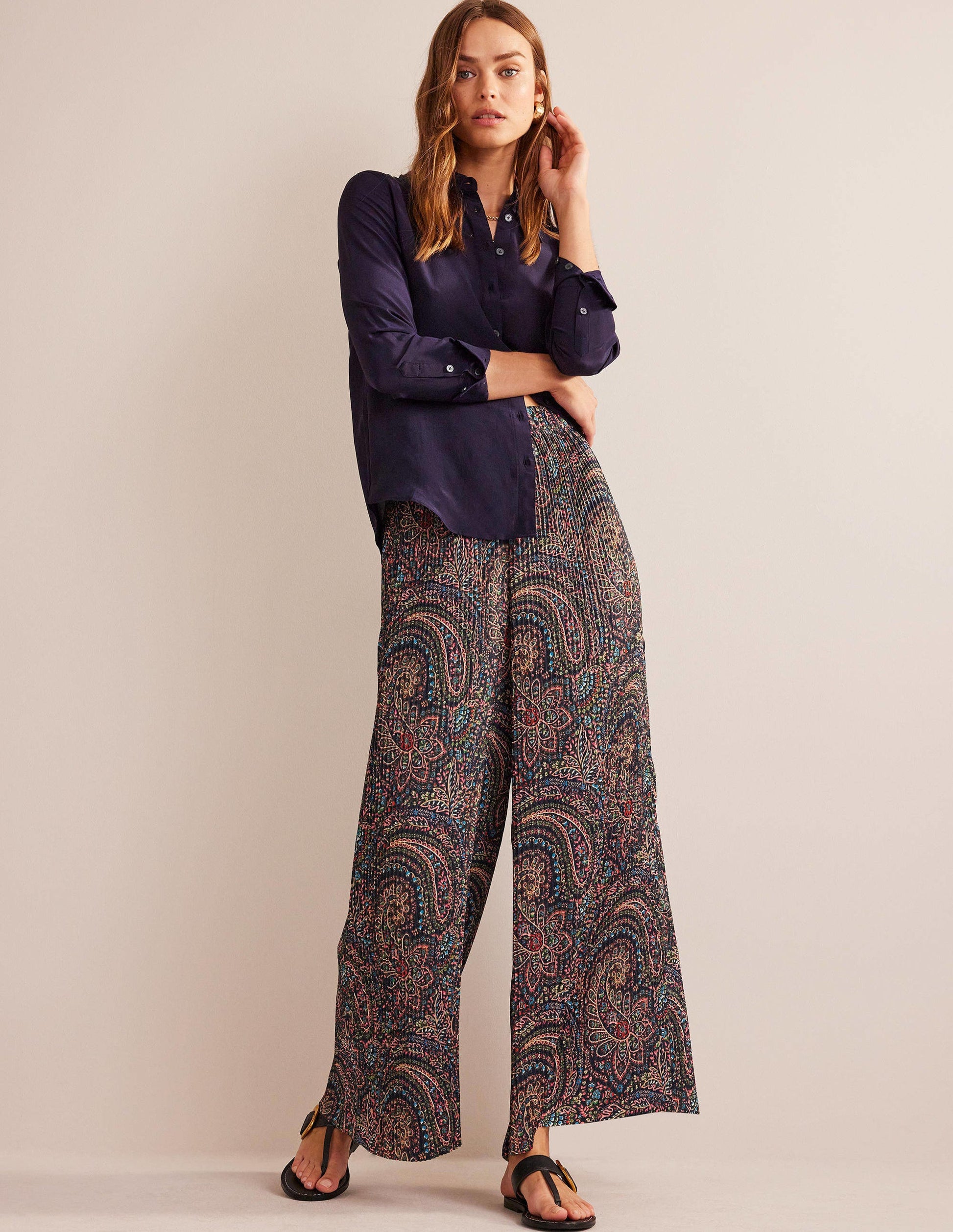 Plisse Satin Wide Leg Trousers-Light Navy, Palace-1