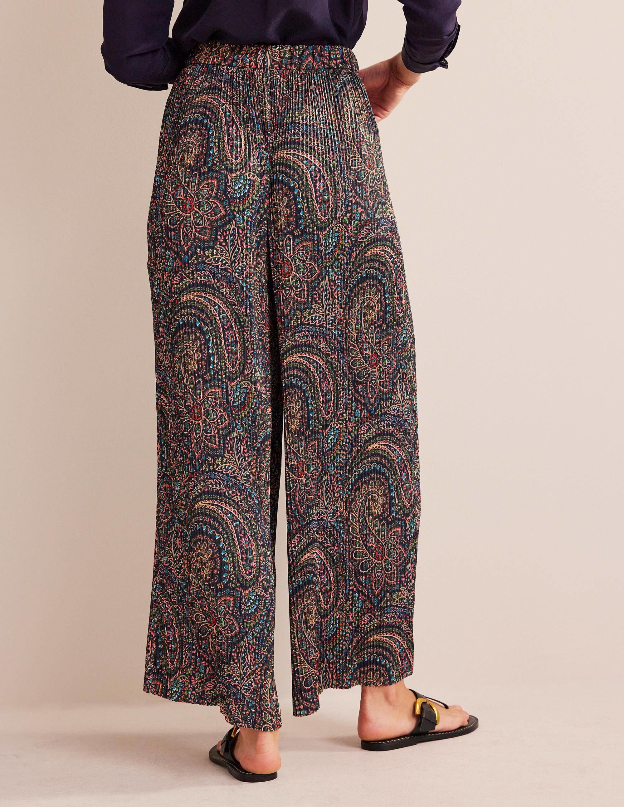 Plisse Satin Wide Leg Trousers-Light Navy, Palace - Image 3